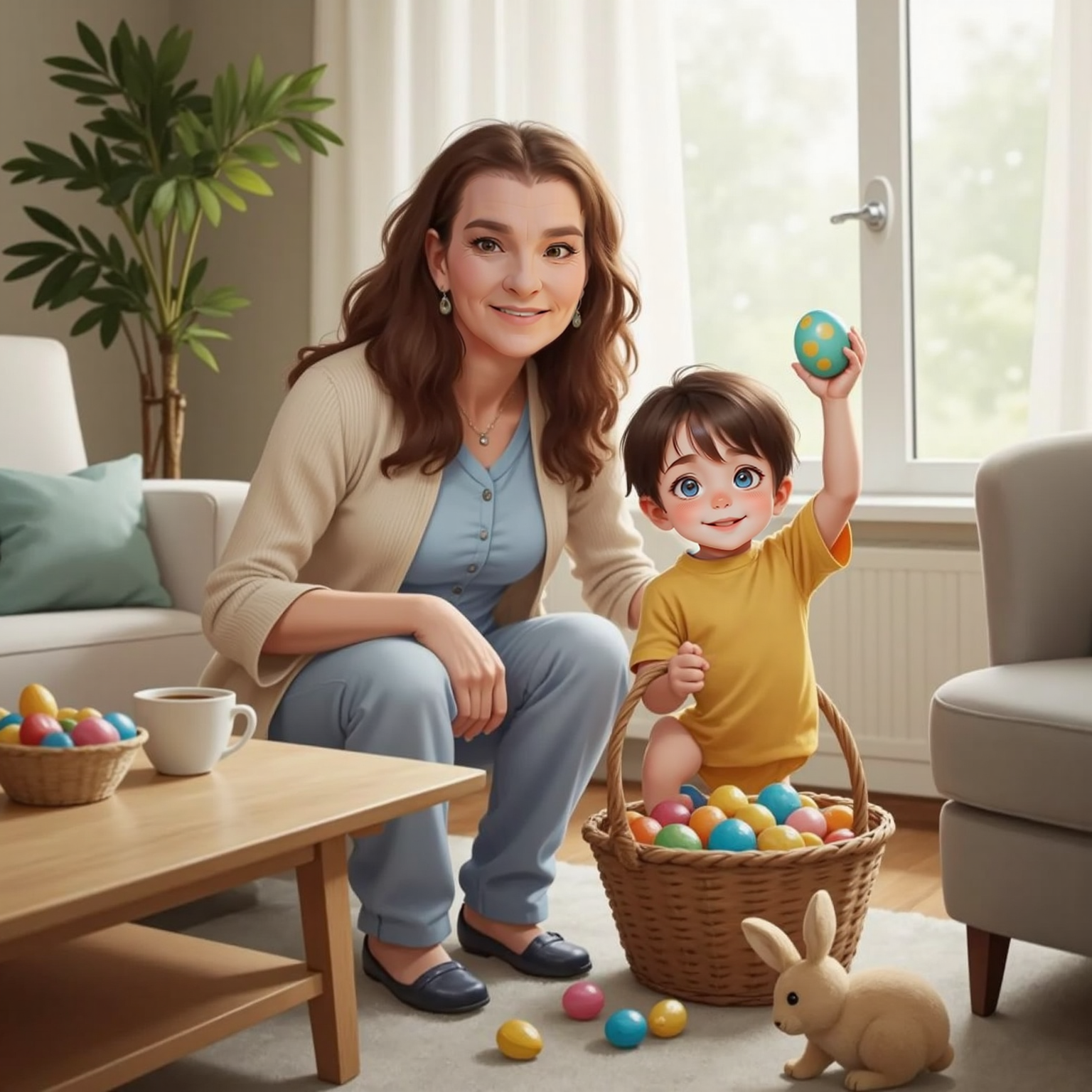 Morning light fills a pastel-decorated living room; Granny kneels beside the sofa smiling as John Jr raises a brightly colored Easter egg he discovered behind a pillow, a wicker basket of other eggs and chocolates on the coffee table.