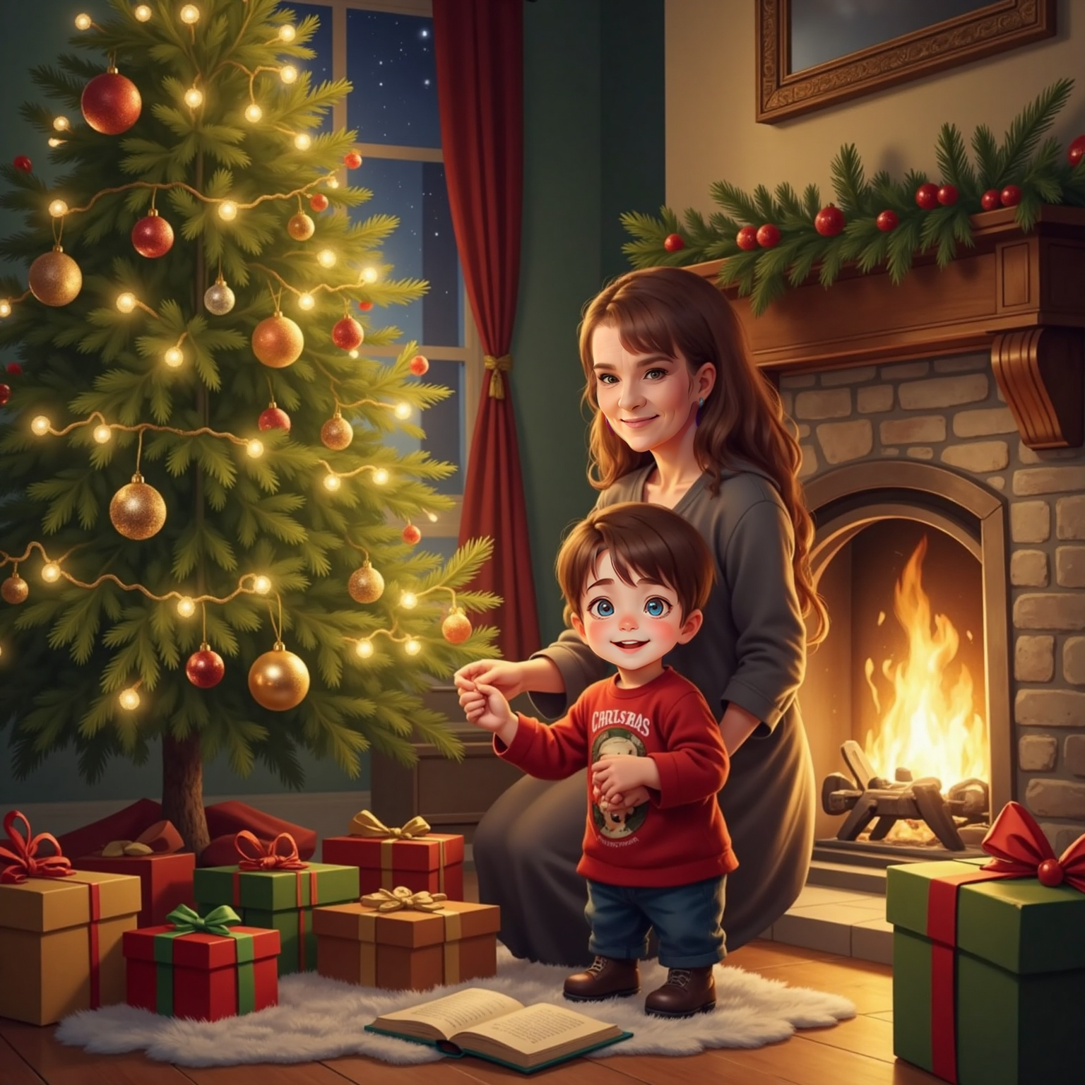 At night in the twinkling living room, the lit Christmas tree glows as Granny steadies a branch while John Jr hangs a red ornament, both smiling; wrapped gifts and a nativity book lie nearby, fireplace casting warm light.