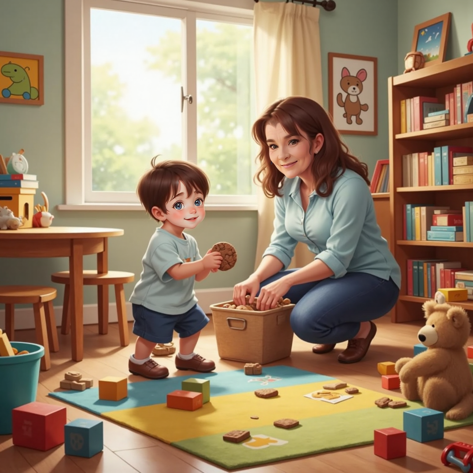 In the afternoon playroom, toys scattered across the colorful rug, John Jr hands a chocolate chip cookie to Granny, who kneels beside a toy bin smiling proudly; half-filled bin and tidy shelves show their cleaning progress.