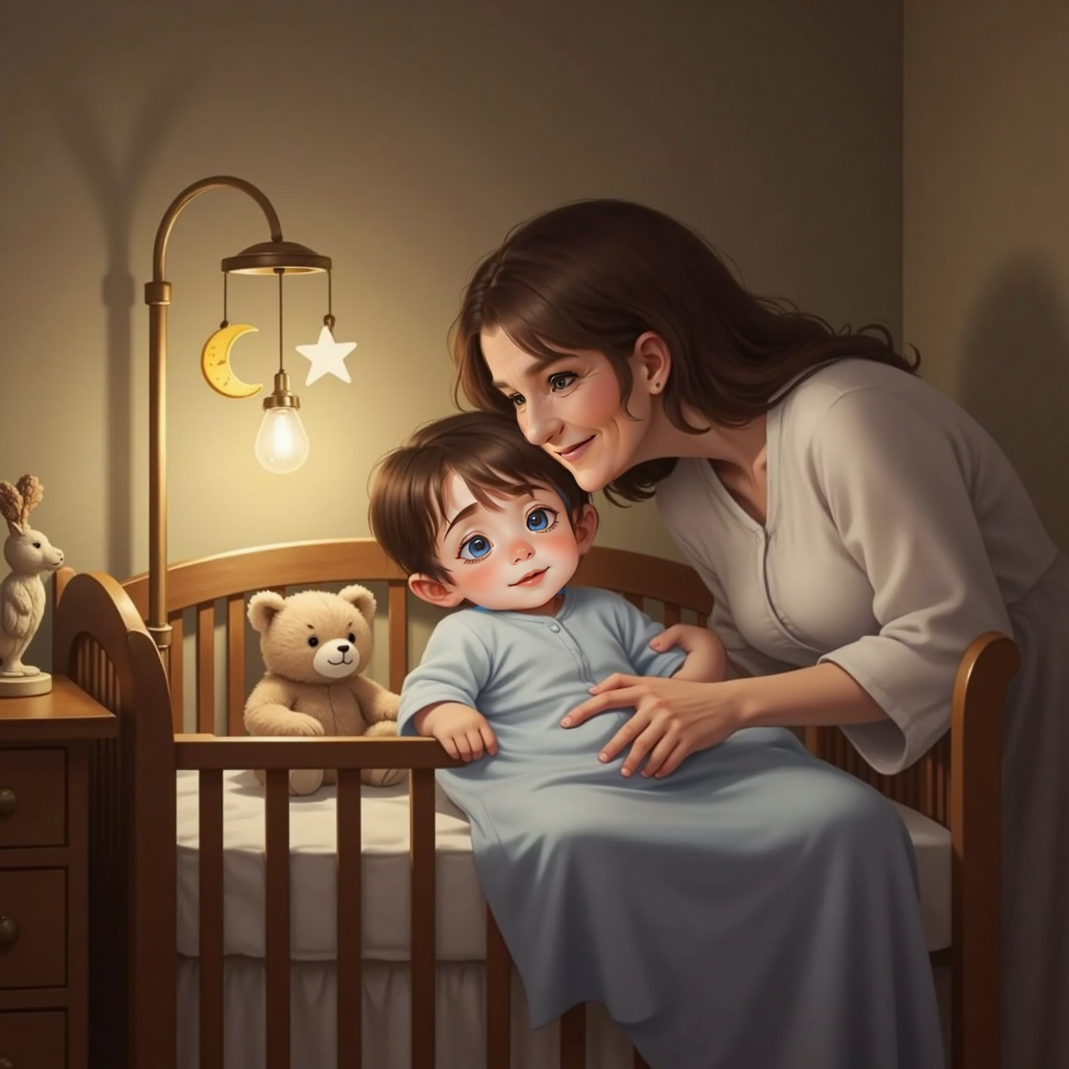 Soft lamplight bathes John Jr's bedroom at night; Granny leans over the crib, gently kissing his forehead while holding the blanket, both faces peaceful, a tiny wooden cross and stuffed teddy resting on the nightstand.