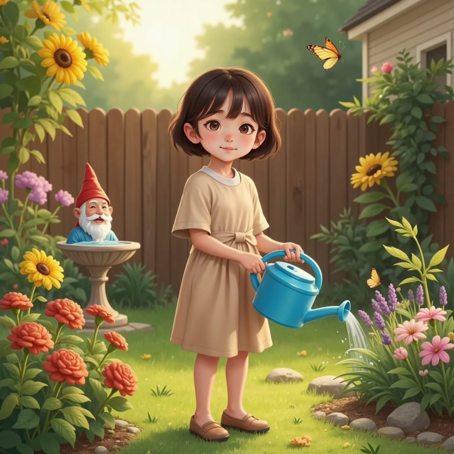 In the backyard garden at sunrise, soft golden light bathes blooming flowers as Lila stands smiling, short brown hair bouncing, tilting a blue watering can.