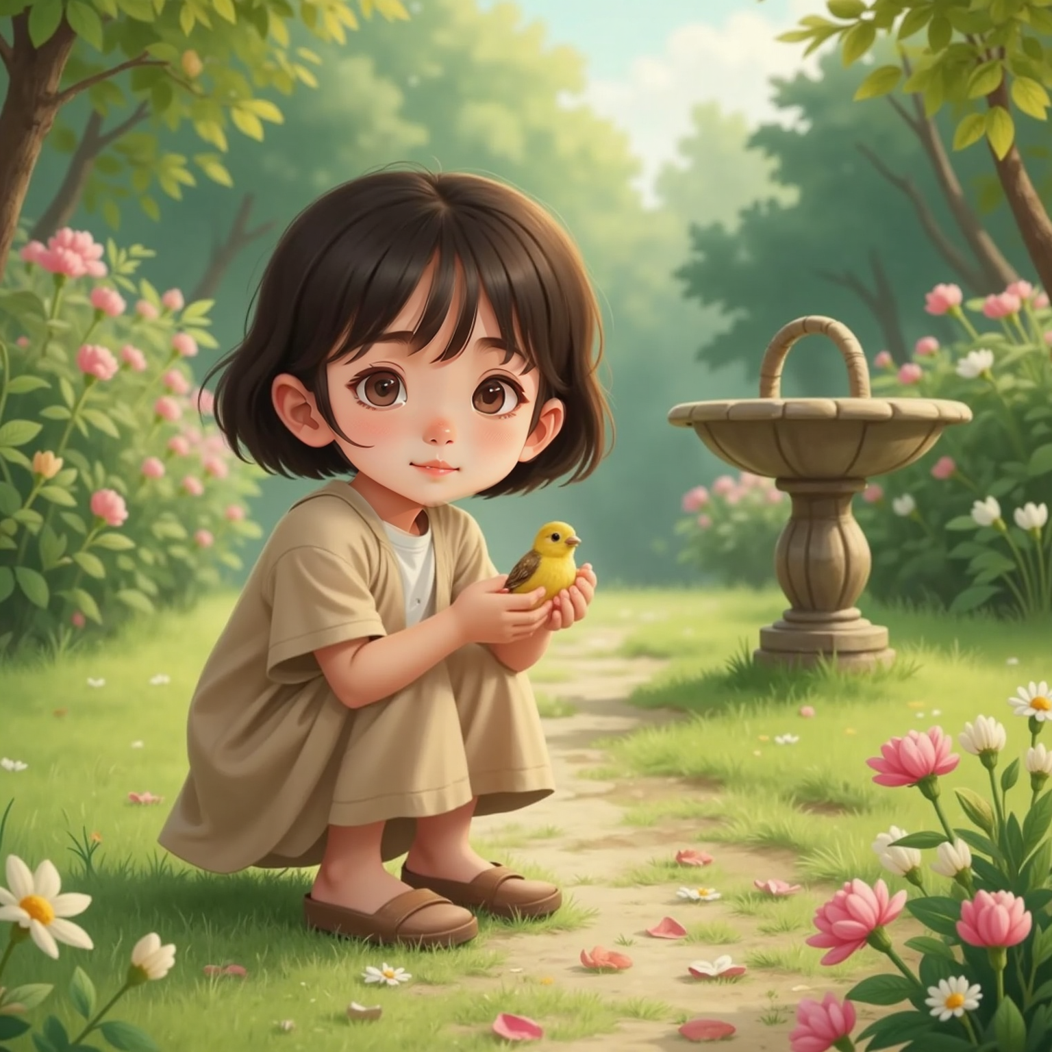 On a sunlit garden path, Lila kneels in short grass, wide-eyed and gentle, cupping The little bird with yellow-brown feathers in her palms; morning light casts soft shadows across fallen petals.