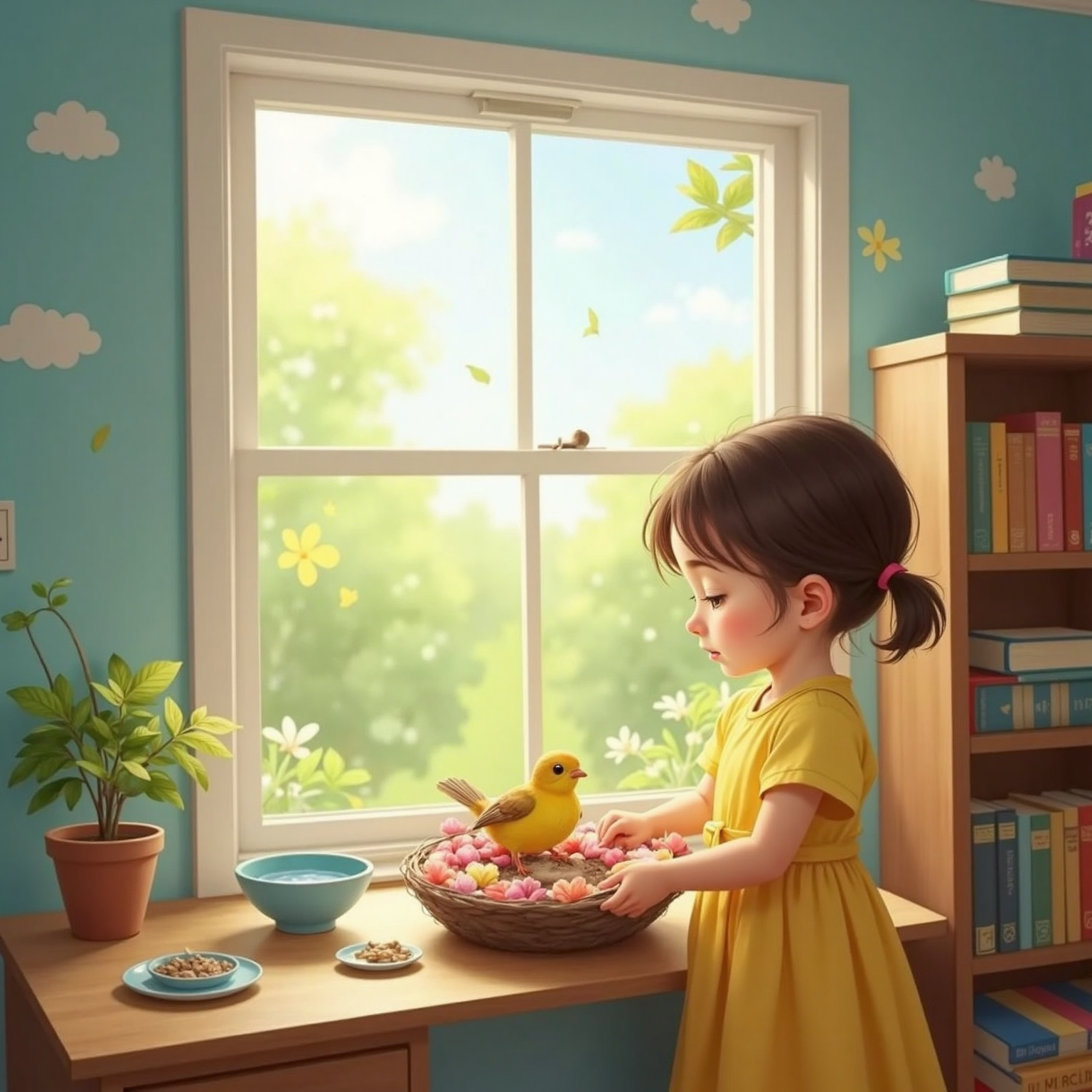 Inside Lila’s bright bedroom beside a sunny window, she arranges a circular petal nest on the sill while The little bird rests within it, eyes sparkling; a small dish of water and seeds sits nearby.