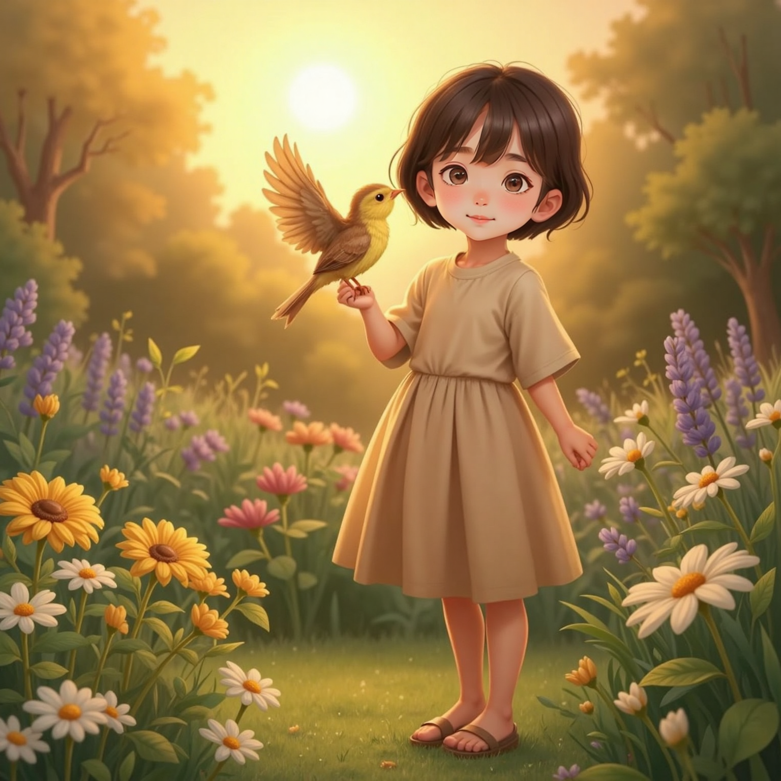 At sunset in the flower garden, warm orange light surrounds Lila as she stands smiling, The little bird perched on her right shoulder, yellow-brown wings slightly spread, chirping a grateful note above a patch of vibrant daisies.