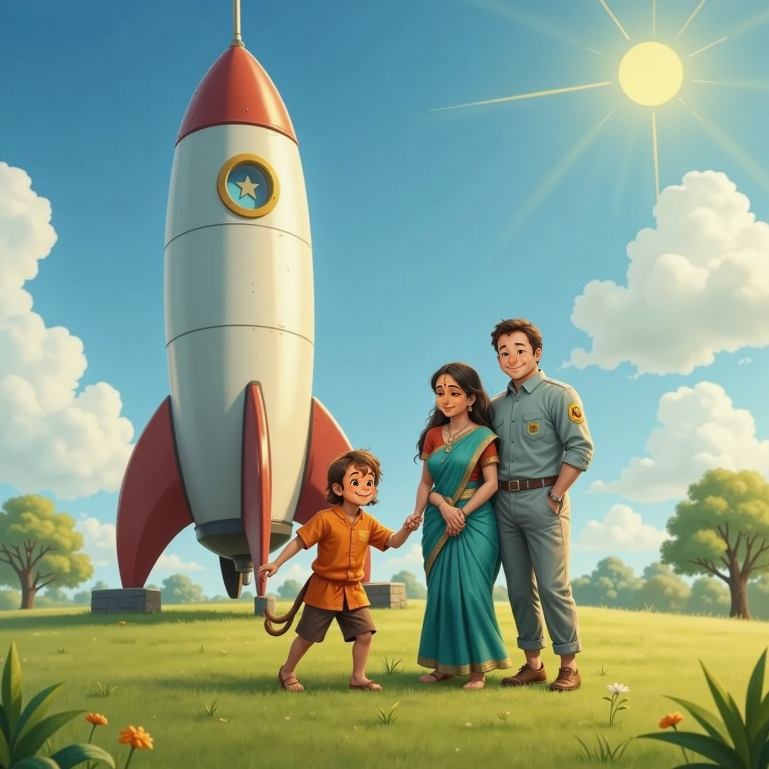 In a sunny village clearing, Hanuman rushes toward AnjanaHanuman who stands smiling warmly, arms open. Behind them, Elon steps from a gleaming silver rocket onto the grass, waving cheerfully.