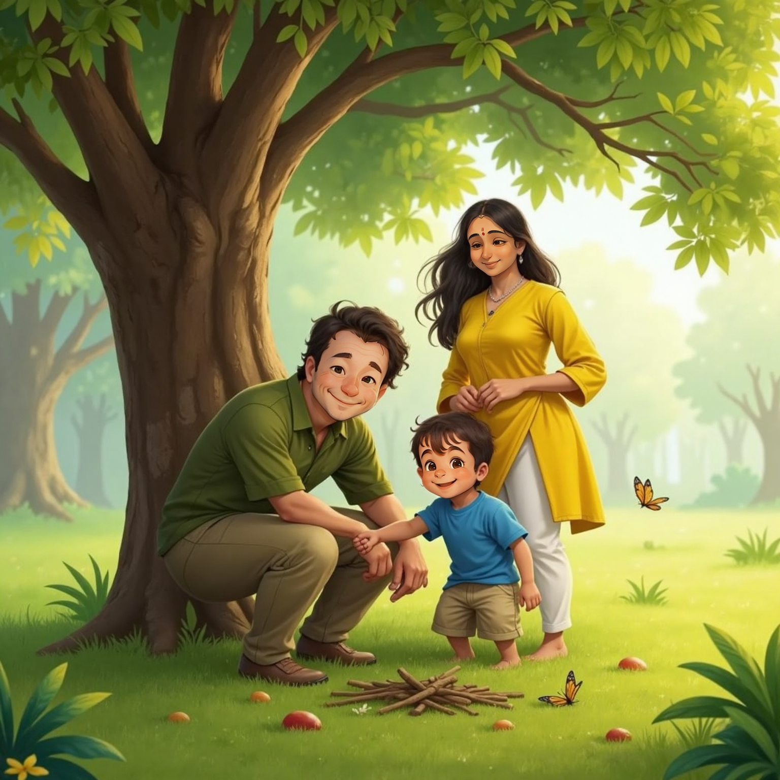 Beneath the broad mango tree in soft midday shade, Elon kneels beside Hanuman, pointing at fallen twigs and leaves. AnjanaHanuman stands behind them, beaming proudly, breeze lifting her hair.
