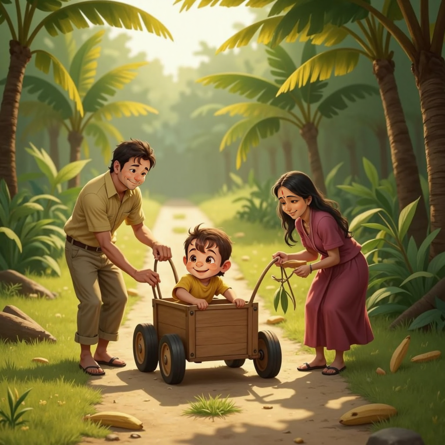 Along the narrow dirt path in late-afternoon light, coconut shells, banana stalks, and a long vine lie scattered beside a small homemade car. Hanuman crouches excitedly, eyes wide, as Elon secures the vine while AnjanaHanuman steadies the wobbly vehicle.