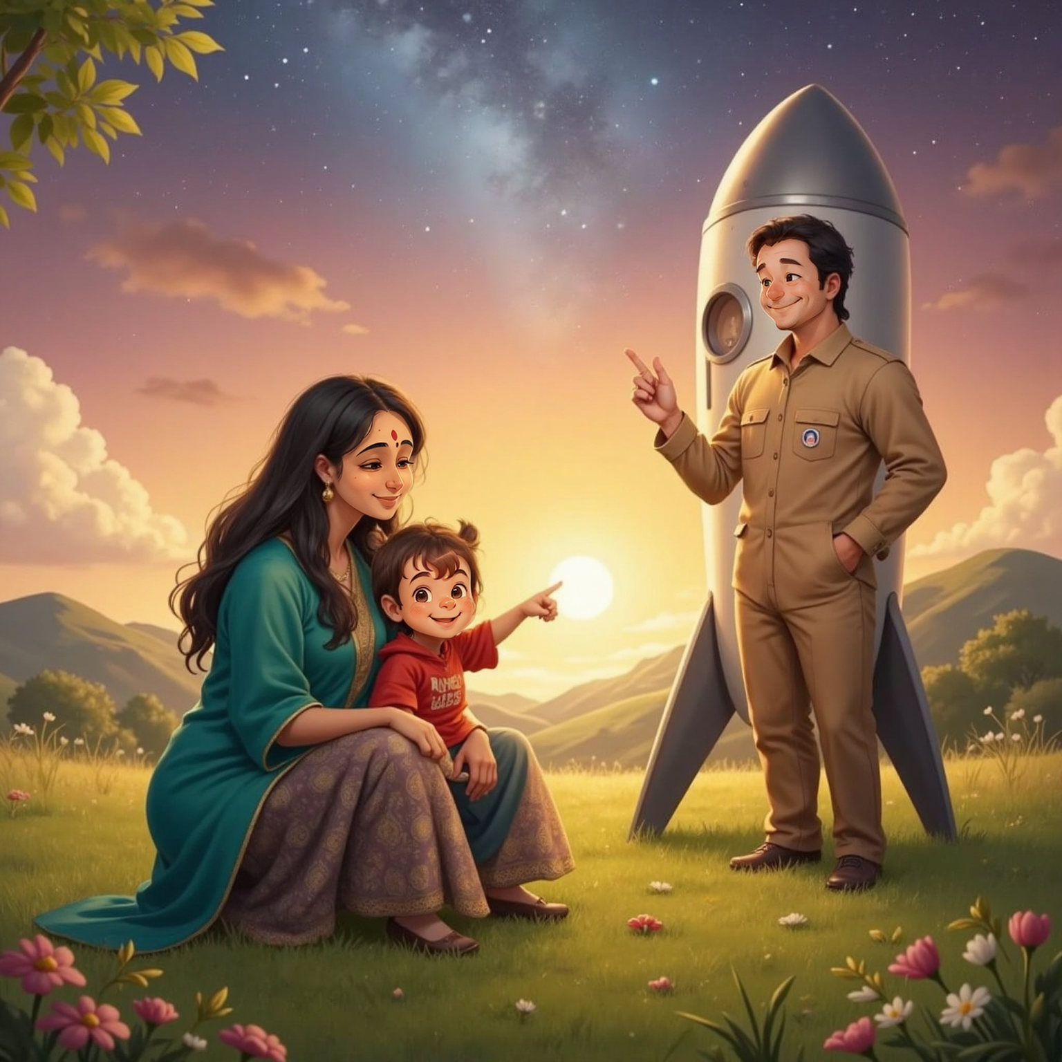 At sunset on the grassy clearing, AnjanaHanuman kneels hugging Hanuman, both smiling toward Elon standing beside his sleek rocket. Golden light glints off the hull as Hanuman whispers upward, finger raised toward the twilight sky.