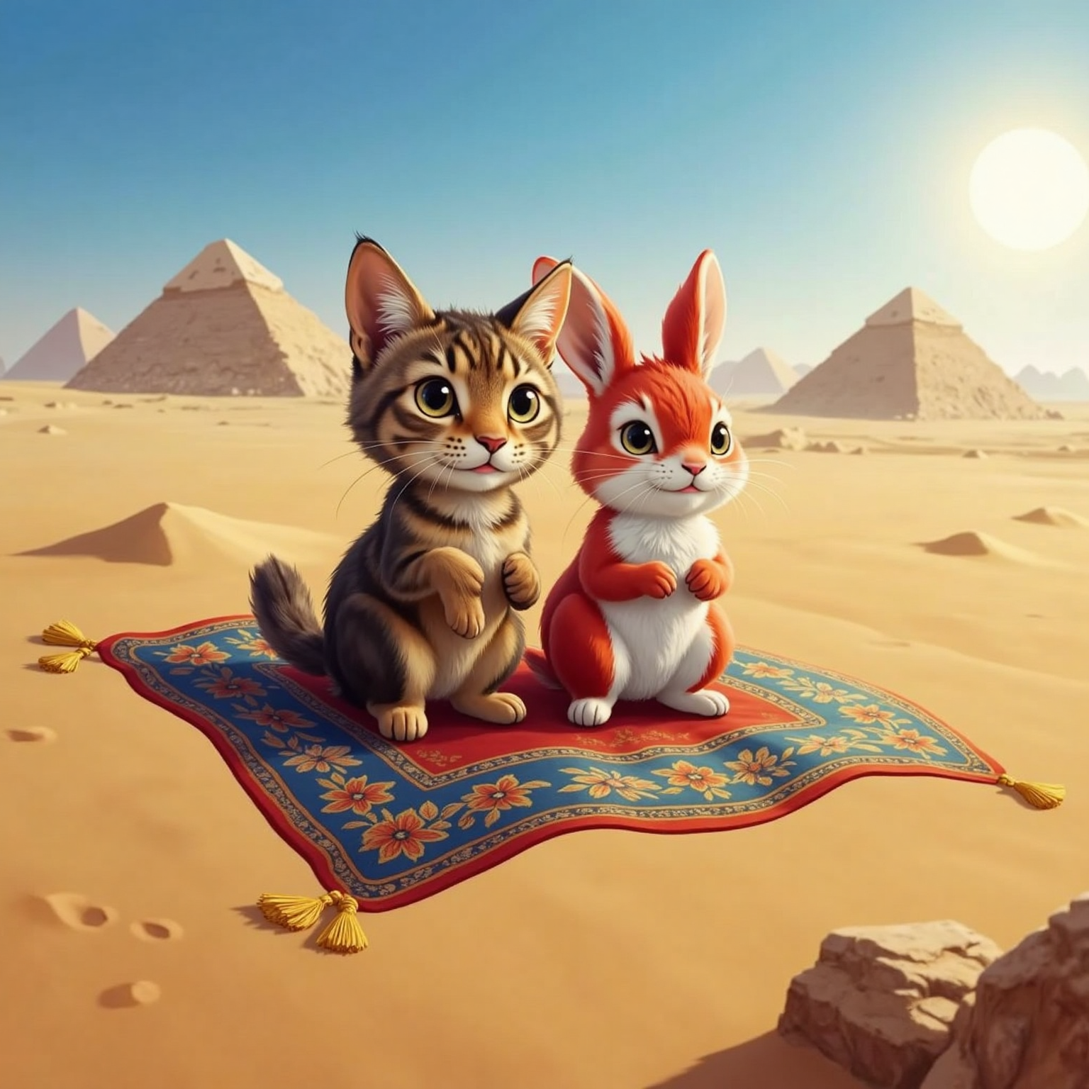 Outdoor midday over Egypt's golden desert, Monya the cat and Peach the red-white rabbit sit side-by-side on a colorful flying carpet, smiling wide. Far below, sand dunes shimmer and the distant Great Pyramids rise under bright sunlight.