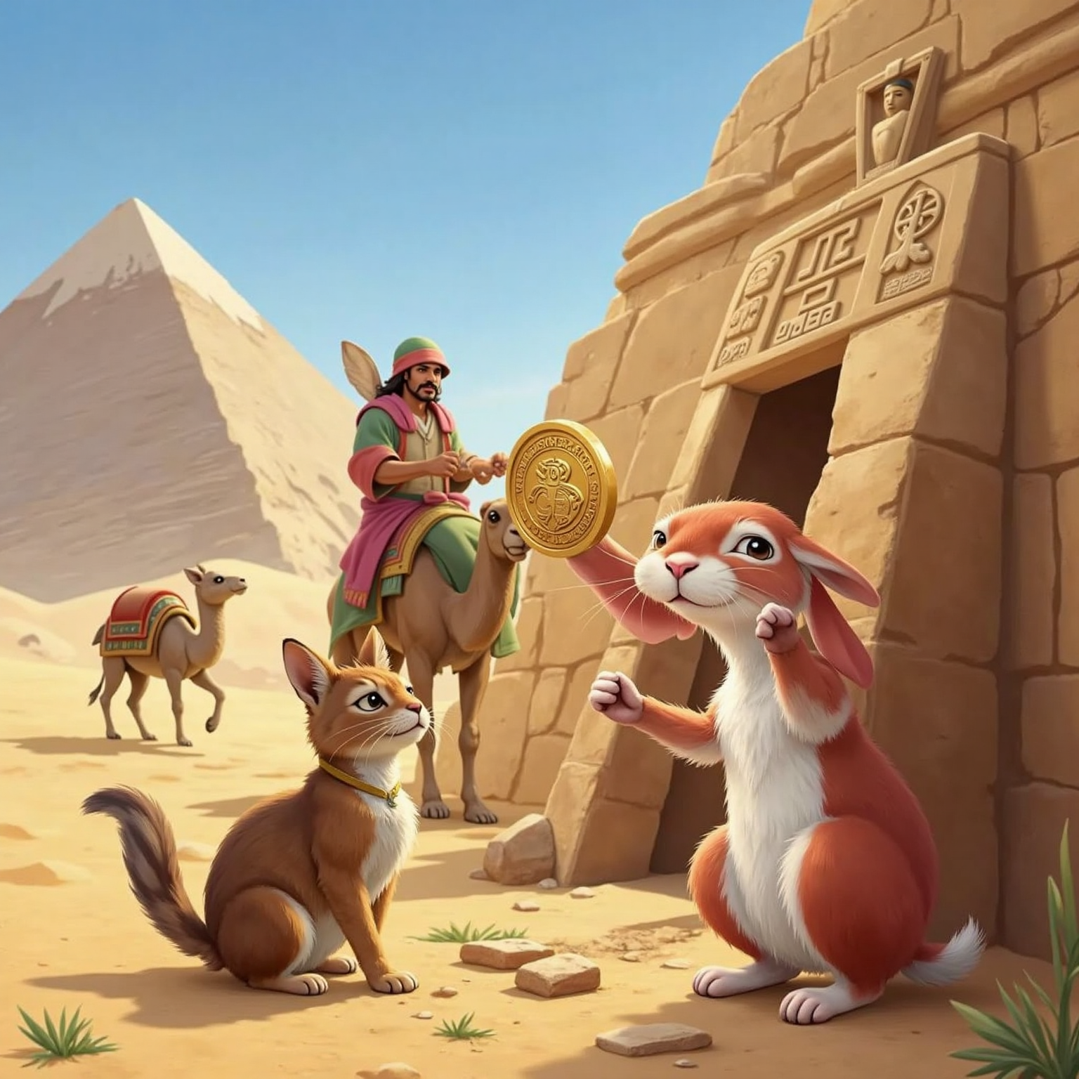 Outdoor afternoon beside a pyramid base, Peach the red-white rabbit kneels behind a limestone block, raising a gleaming ancient coin with a delighted grin. Monya the cat watches nearby, whiskers dusty, as a gentle camel ambles past.