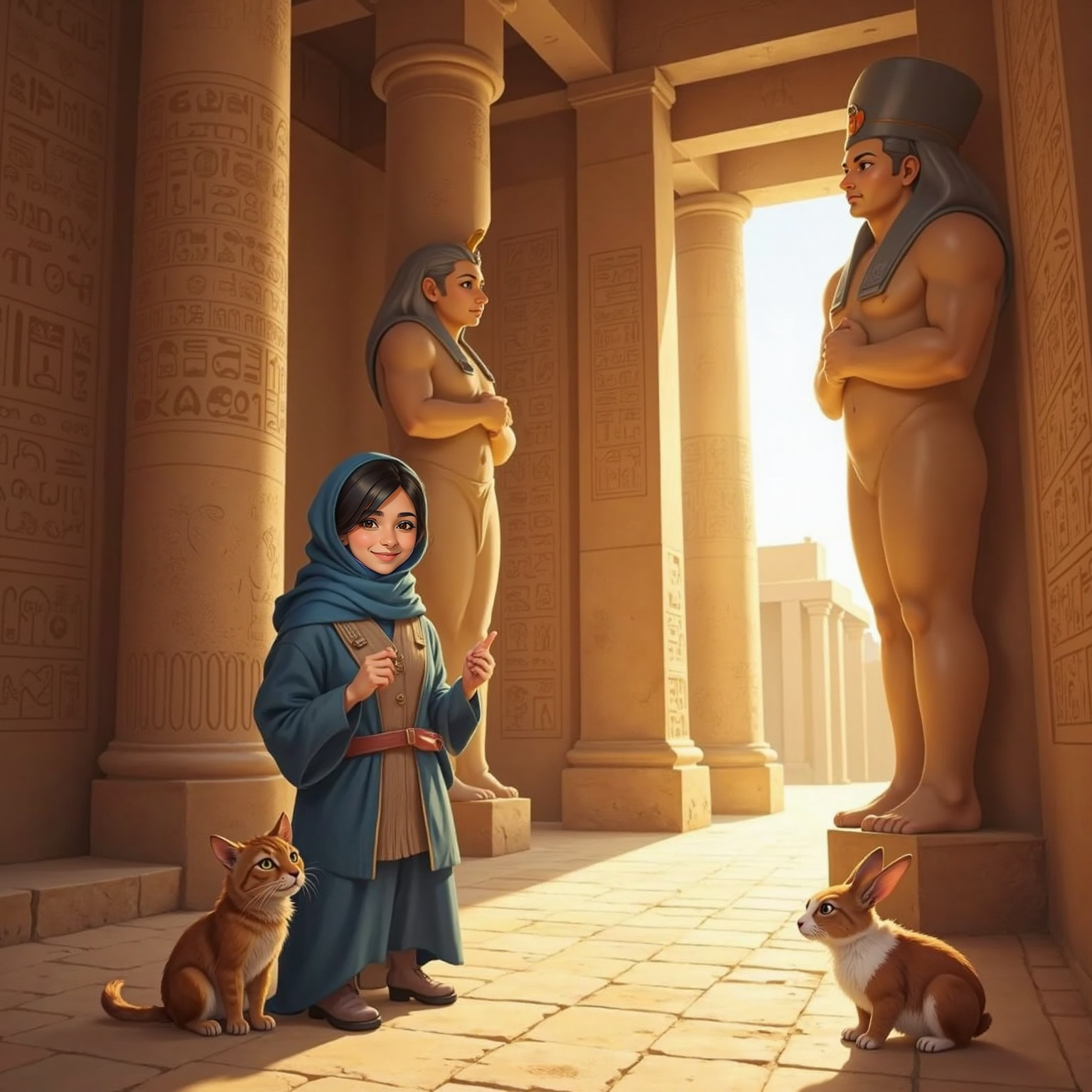 Indoor midday inside Luxor temple, sunlight streams through high stone columns onto vivid hieroglyph walls. The tour guide gestures toward the painted stories, smiling, as Monya the cat and Peach the red-white rabbit watch in wide-eyed fascination near colossal statues.