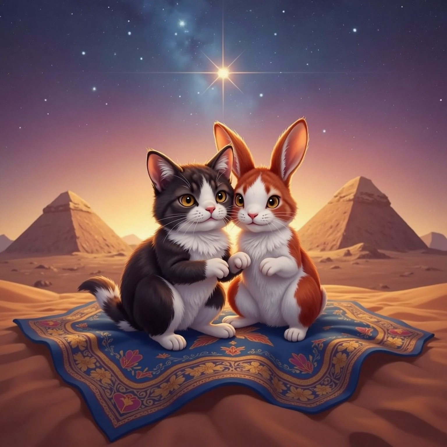 Outdoor twilight above the darkening desert, Monya the cat and Peach the red-white rabbit sit close on their magic carpet, hugging the fabric. Behind them orange pyramids fade in sunset as first stars glimmer overhead, reflecting in their peaceful smiles.