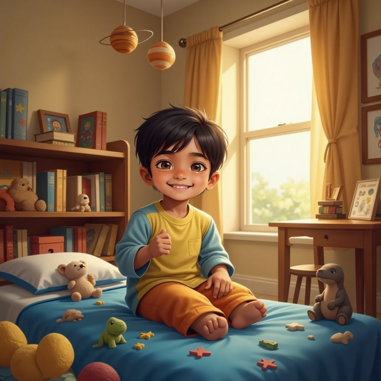 Morning sunlight floods the child’s bedroom as Siva Pranav sits upright in bed, grinning toward the glowing window. Toys rest on a corner shelf, and warm golden rays illuminate his joyful face and rumpled blankets.