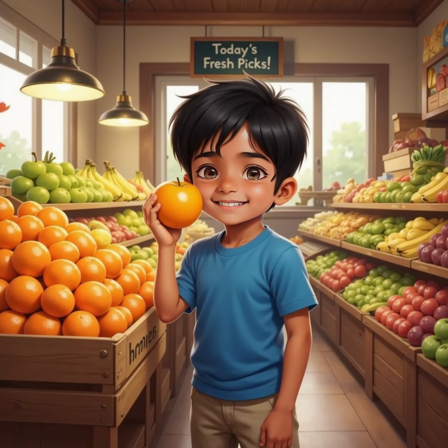 Inside the bright fruit shop at mid-morning, Siva Pranav laughs beside a wooden crate overflowing with vivid oranges. He lifts one shining fruit near his cheek, orange light from the display lamps highlighting his delighted eyes.