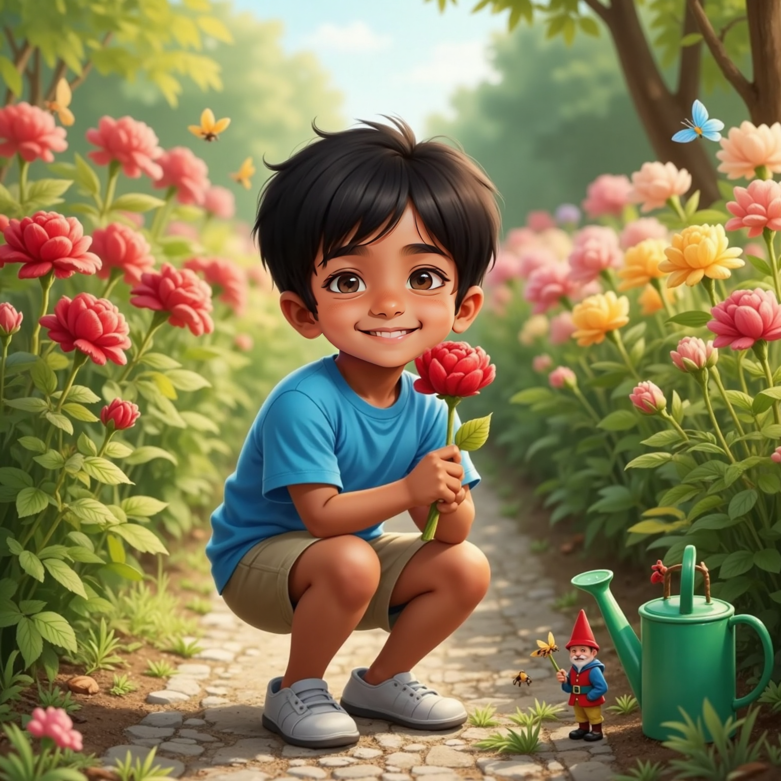 In the sunny garden, Siva Pranav crouches on a gravel path to inhale a deep red rose. Noon light glints on dewy petals and his wide smile, while rows of blooming bushes frame the scene.