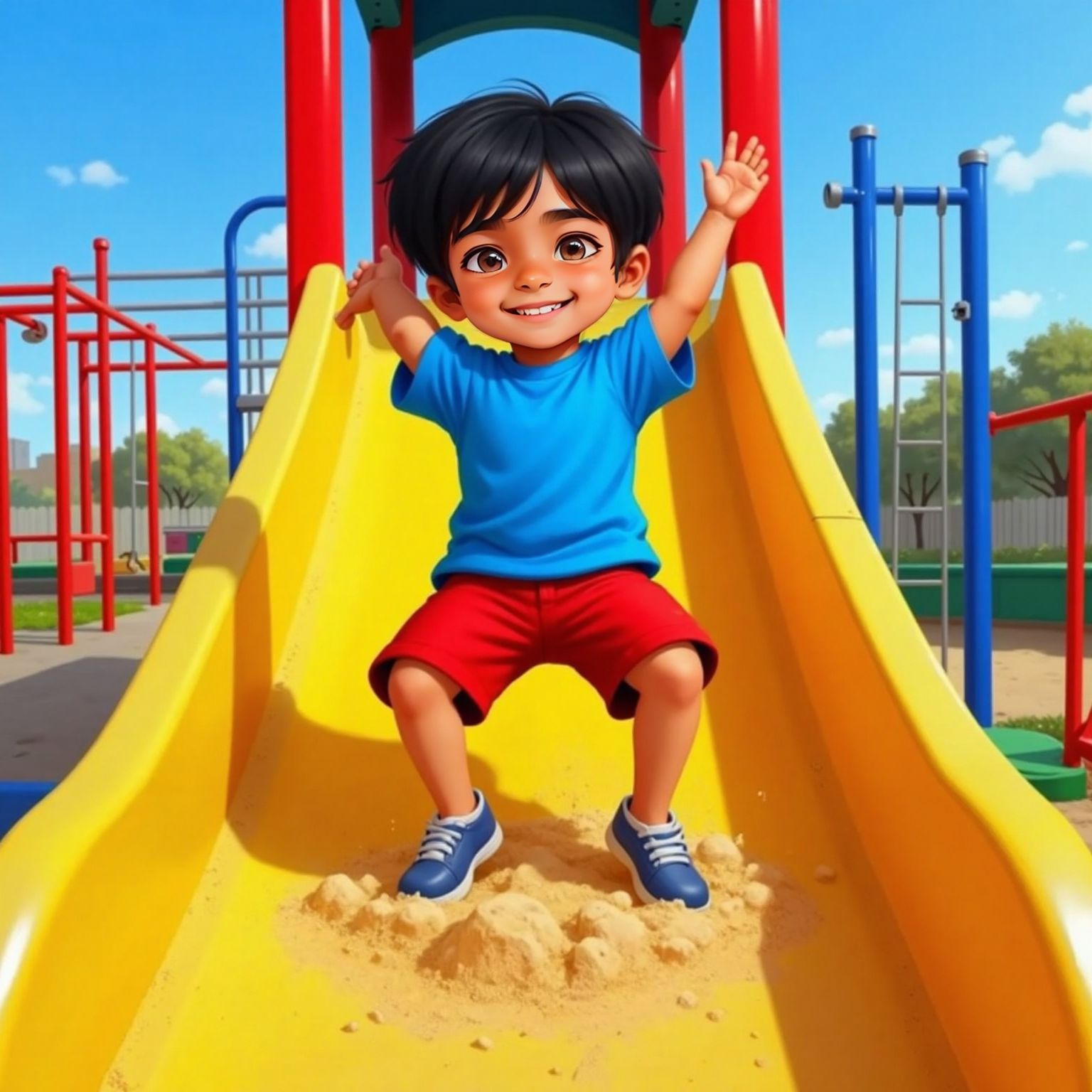 At the outdoor playground under bright afternoon sun, Siva Pranav lands at the bottom of a shiny yellow slide, knees bent and arms high. Sand scatters beside him, and the metal slide gleams behind his laughing face.