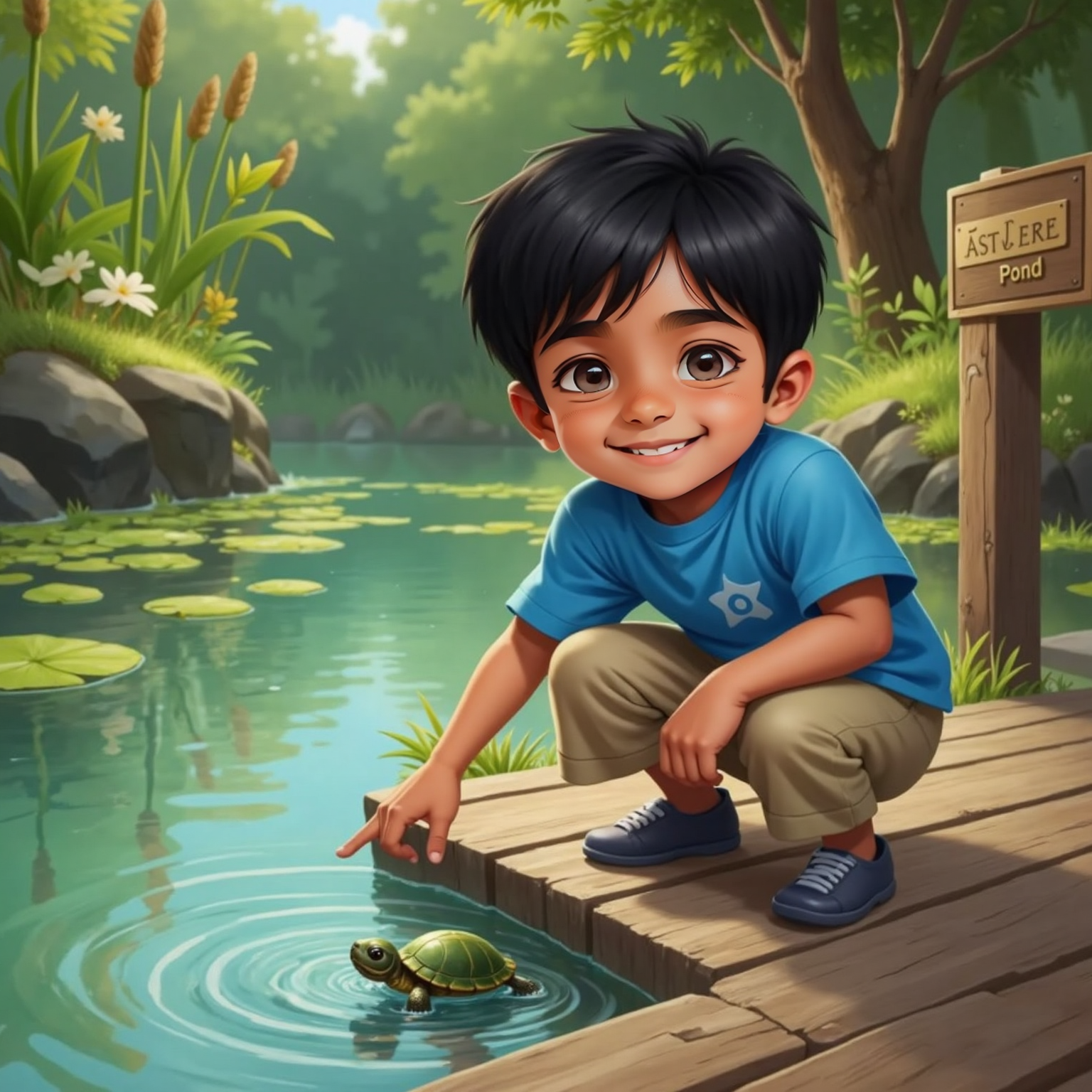By the zoo pond in soft midday light, Siva Pranav kneels on a wooden deck, pointing at a small green turtle stretching a flipper. Rippling water and leafy reflections surround them, capturing his amazed grin.