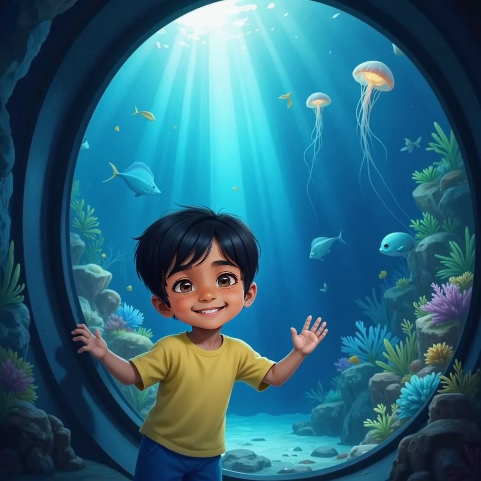 Inside the dimly lit aquarium tunnel, blue spotlights shimmer across glass tanks where bright blue fish glide and bubble. Siva Pranav presses both hands to the glass, eyes wide and mouth open in gleeful wonder.
