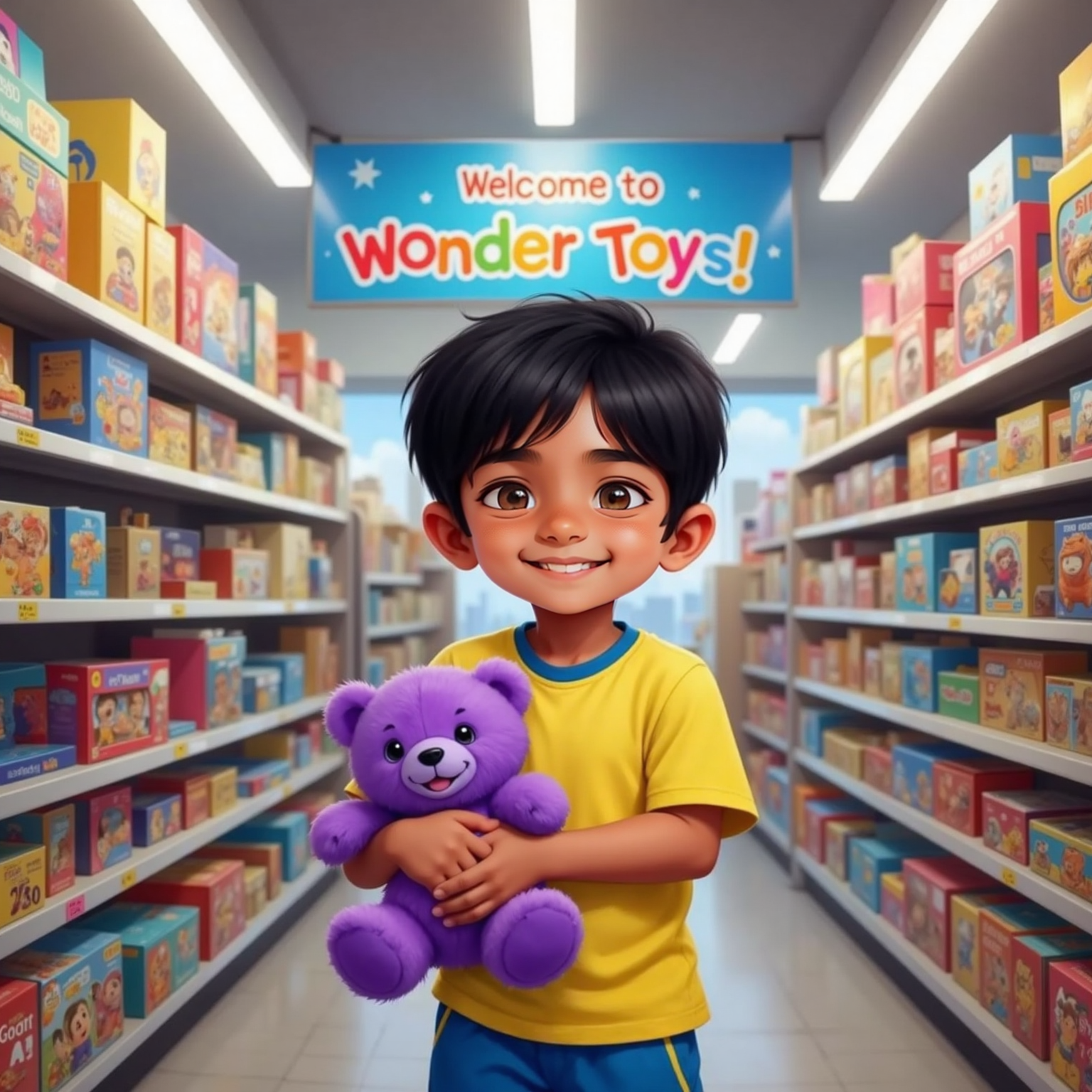 The colorful toy-shop aisle glows under ceiling lights as Siva Pranav hugs a plush purple teddy bear to his chest. Shelves of bright games rise around him, and his cheeks lift in a delighted giggle.