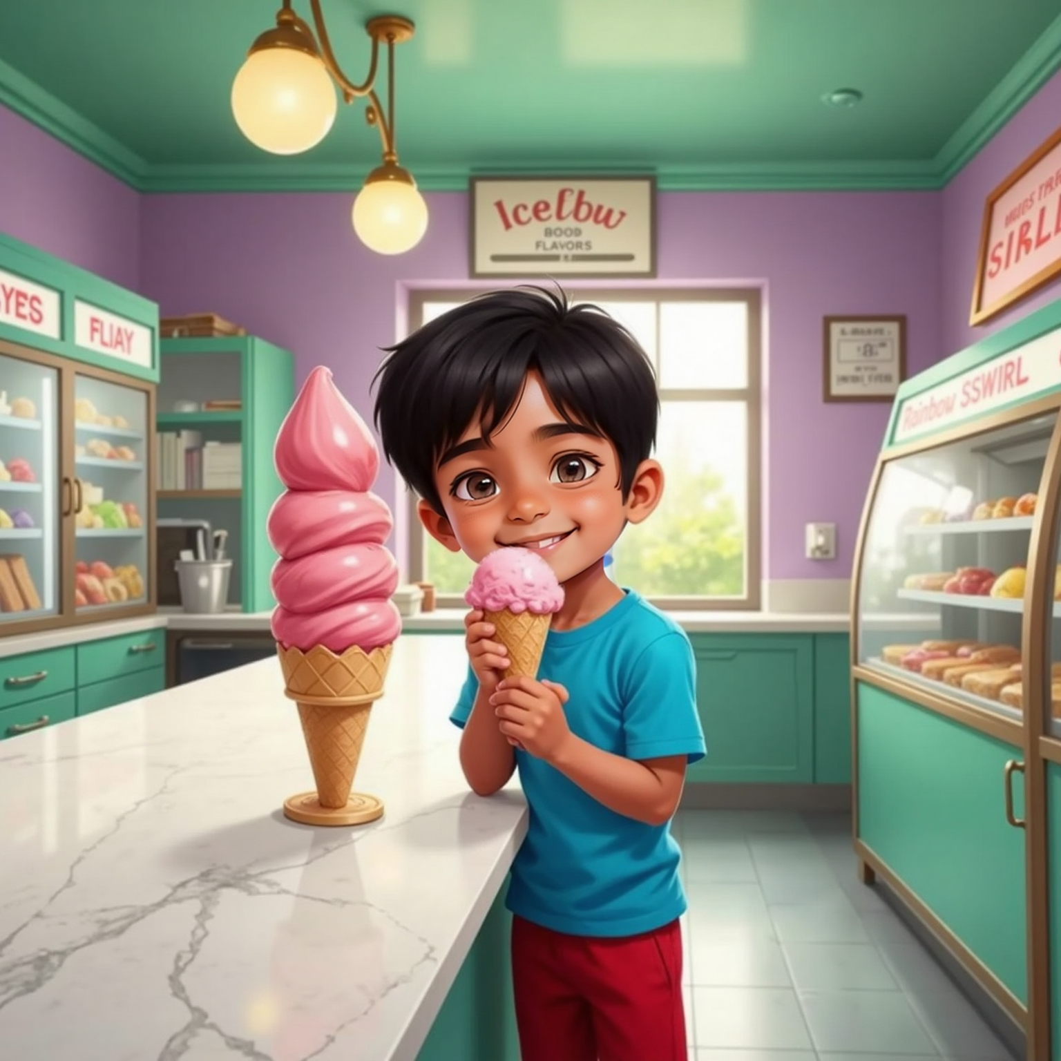 In the pastel ice-cream parlor lit by overhead globes, Siva Pranav stands at a marble counter licking a towering pink strawberry cone. Reflections sparkle on the freezer glass, and his eyes smile above sticky fingers.