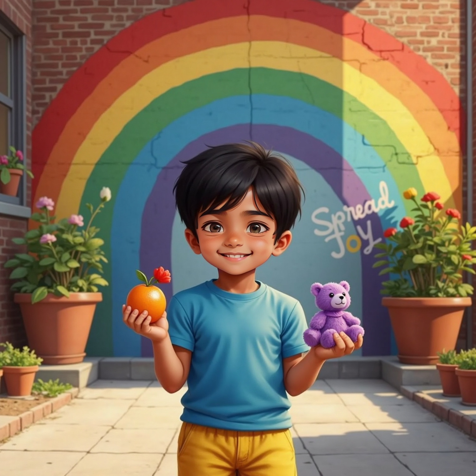 Sunlit street art brightens the afternoon as Siva Pranav poses beneath a huge rainbow mural. He proudly holds an orange, a single red rose petal, and the purple teddy bear, vibrant colors echoing across his beaming face.