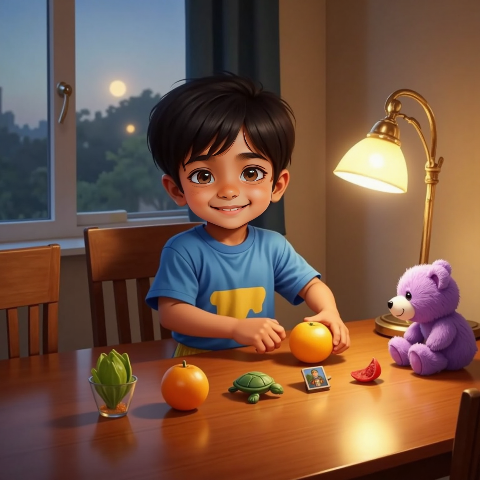 Under warm evening lamplight, Siva Pranav arranges a bright orange, a fallen red petal, a small photo of the green turtle, and his plush purple teddy bear in a rainbow row on the dining table. He beams proudly.