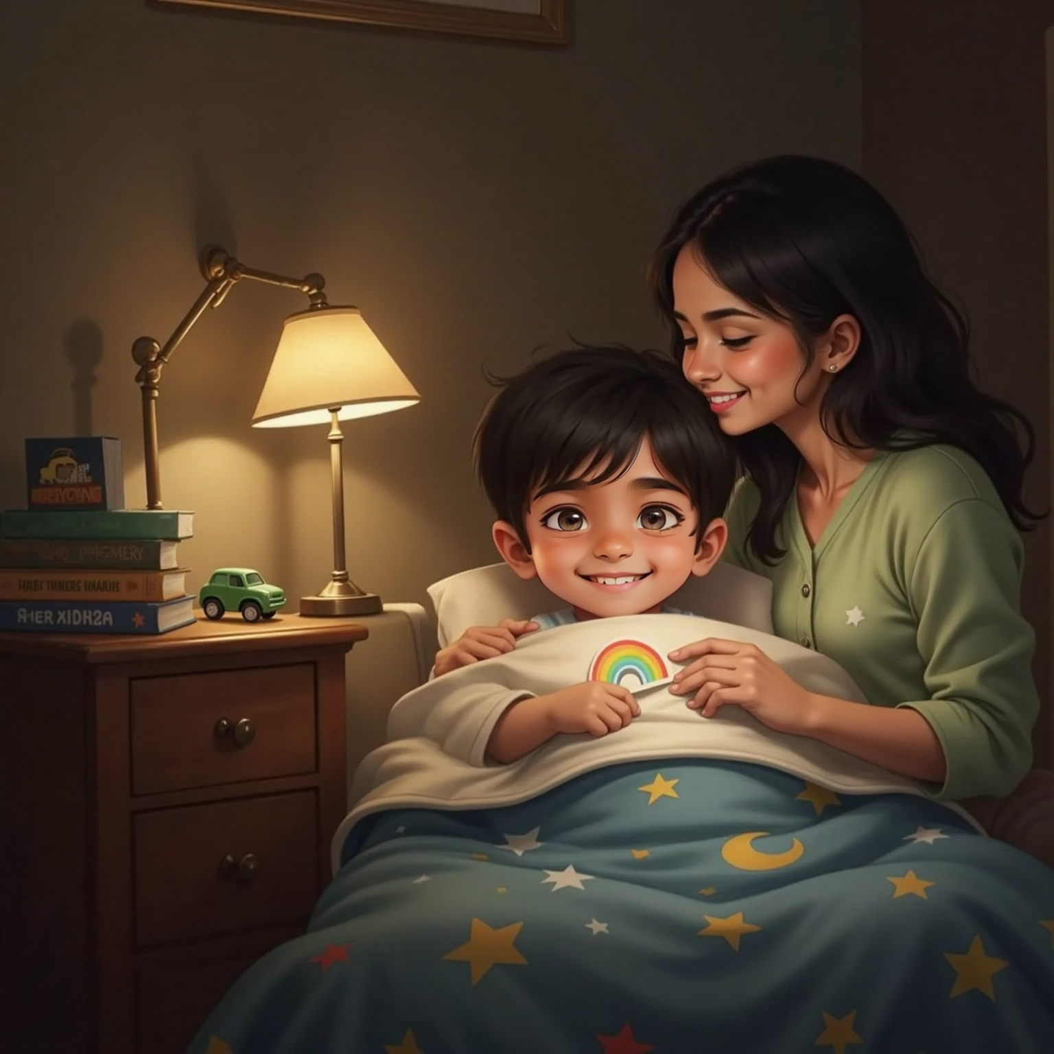 Soft bedside lamp glows in the darkened bedroom as his mom wearing a light green cardigan hands Siva Pranav a tiny rainbow sticker. He sits beneath patterned blankets, eyes shining with gratitude toward the gentle gift.
