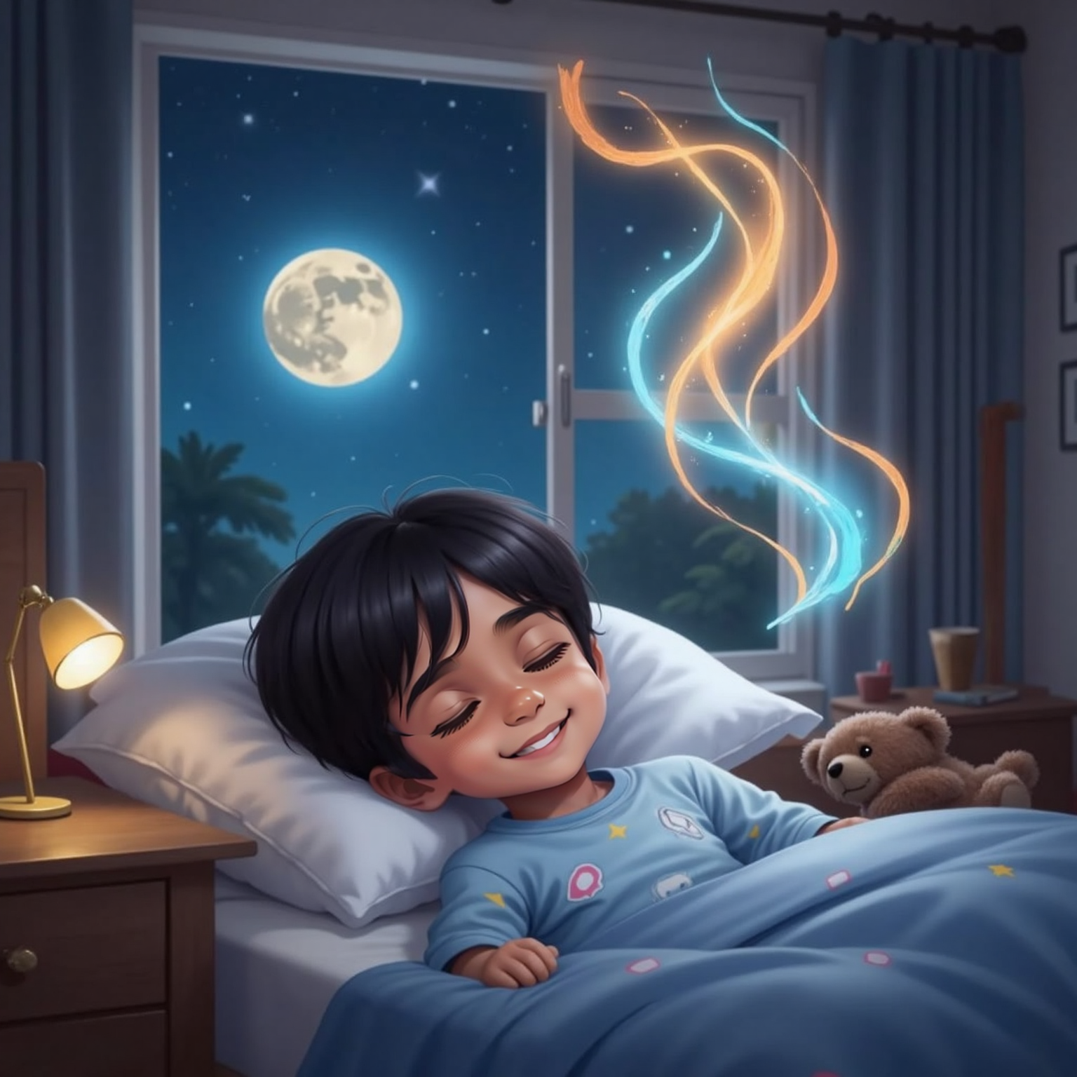 Siva Pranav sleeps peacefully in moonlit darkness, smiling as swirling ribbons of orange and blue light rise like playful spirits above his pillow. The quiet bedroom contrasts with the vivid, floating colors of his dream.