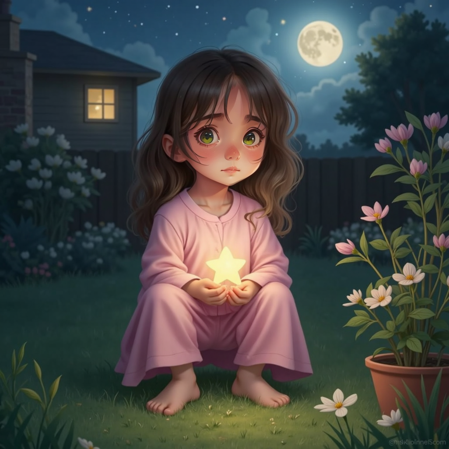 In the moonlit backyard beneath her bedroom window, Luna kneels in wet grass, gently cupping a tiny glowing star. Cool night air and faint window light illuminate her kind, worried face as the star flickers weakly.
