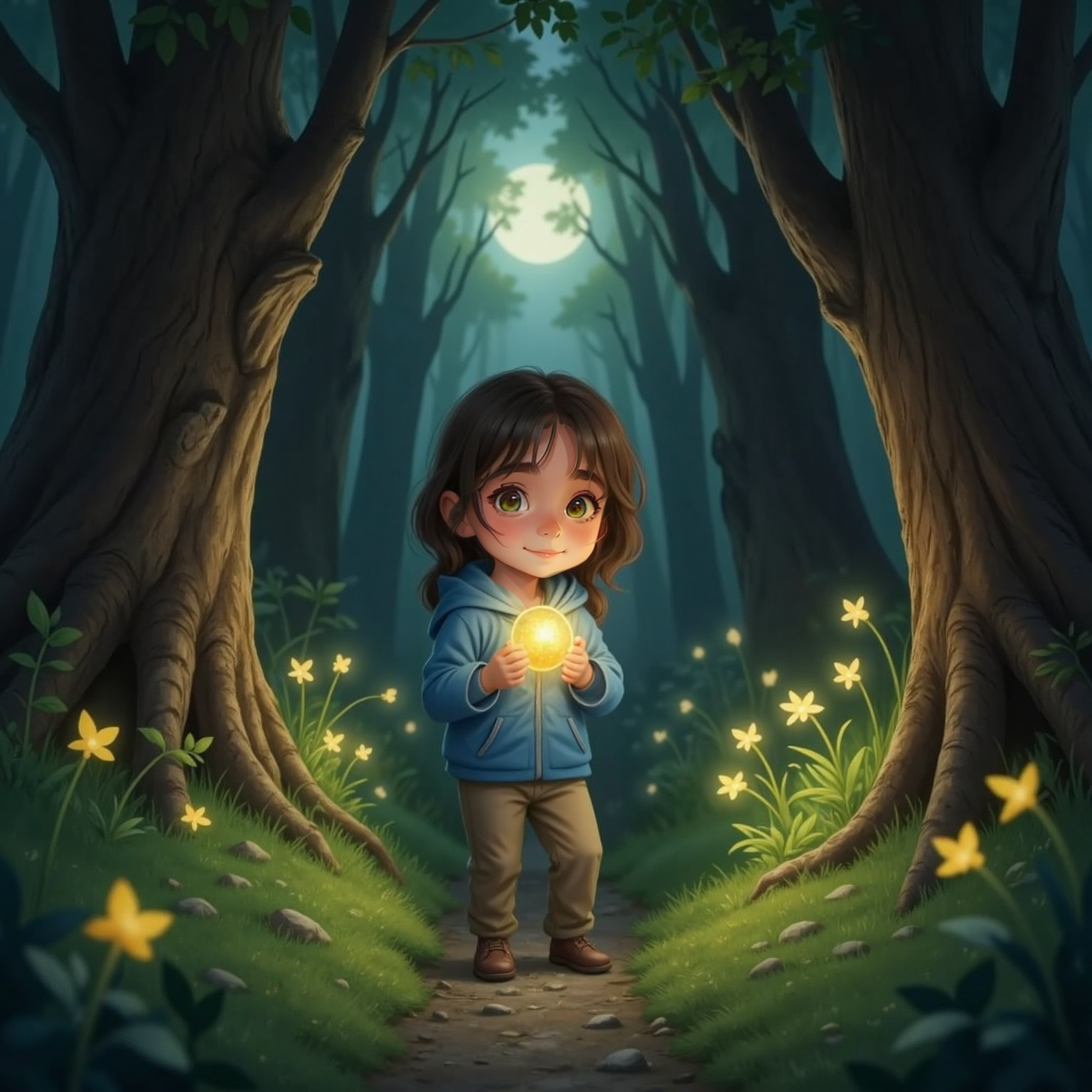 Along a shadowy forest path at night, Luna walks between tall trunks, holding a tiny glowing star against her chest. Hundreds of fireflies swirl like lanterns, casting warm green light on her determined smile and the mossy ground.