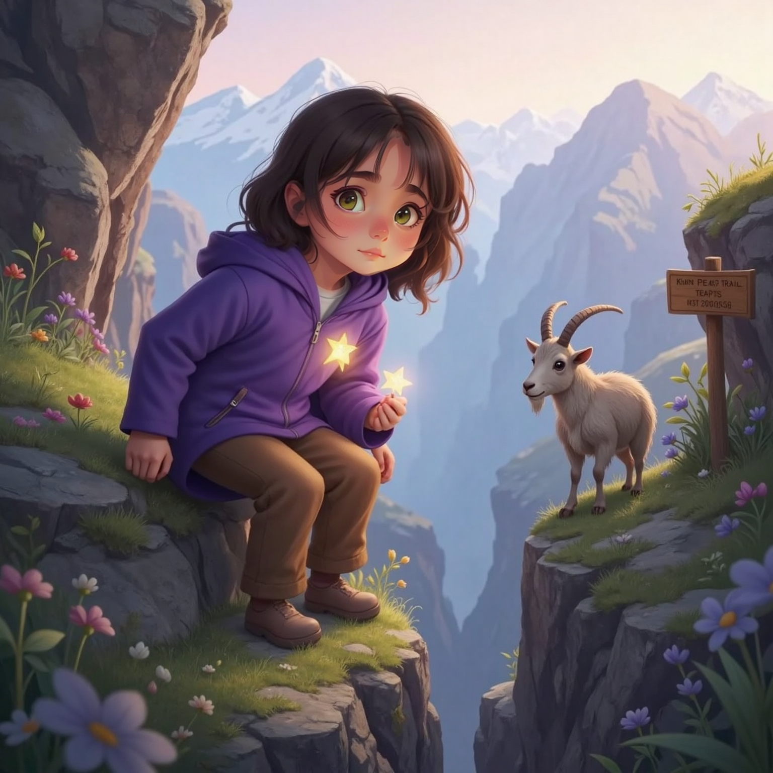 On a misty mountain slope at dawn, Luna clings to a rocky ledge, a tiny glowing star peeking from her pocket. A wise mountain goat watches from a nearby outcrop under pale pink light, nodding with a calm, gentle gaze.