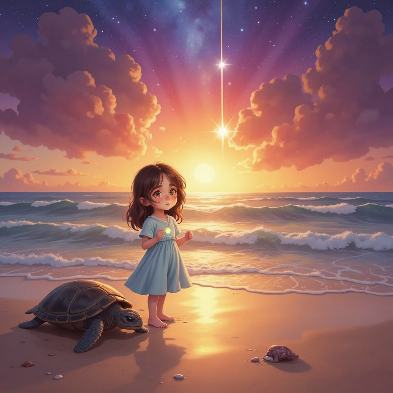 On a sunset beach, Luna stands barefoot at the tide line, arms raised toward a tiny glowing star rising into the orange sky. A wise sea turtle rests on wet sand beside her, gentle waves reflecting the star's bright trail.