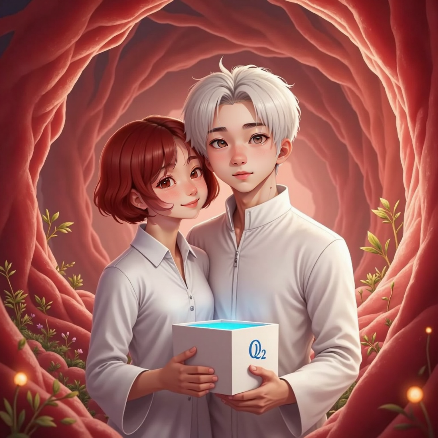 White blood cell kissing red blood cell and holding a box of 02
