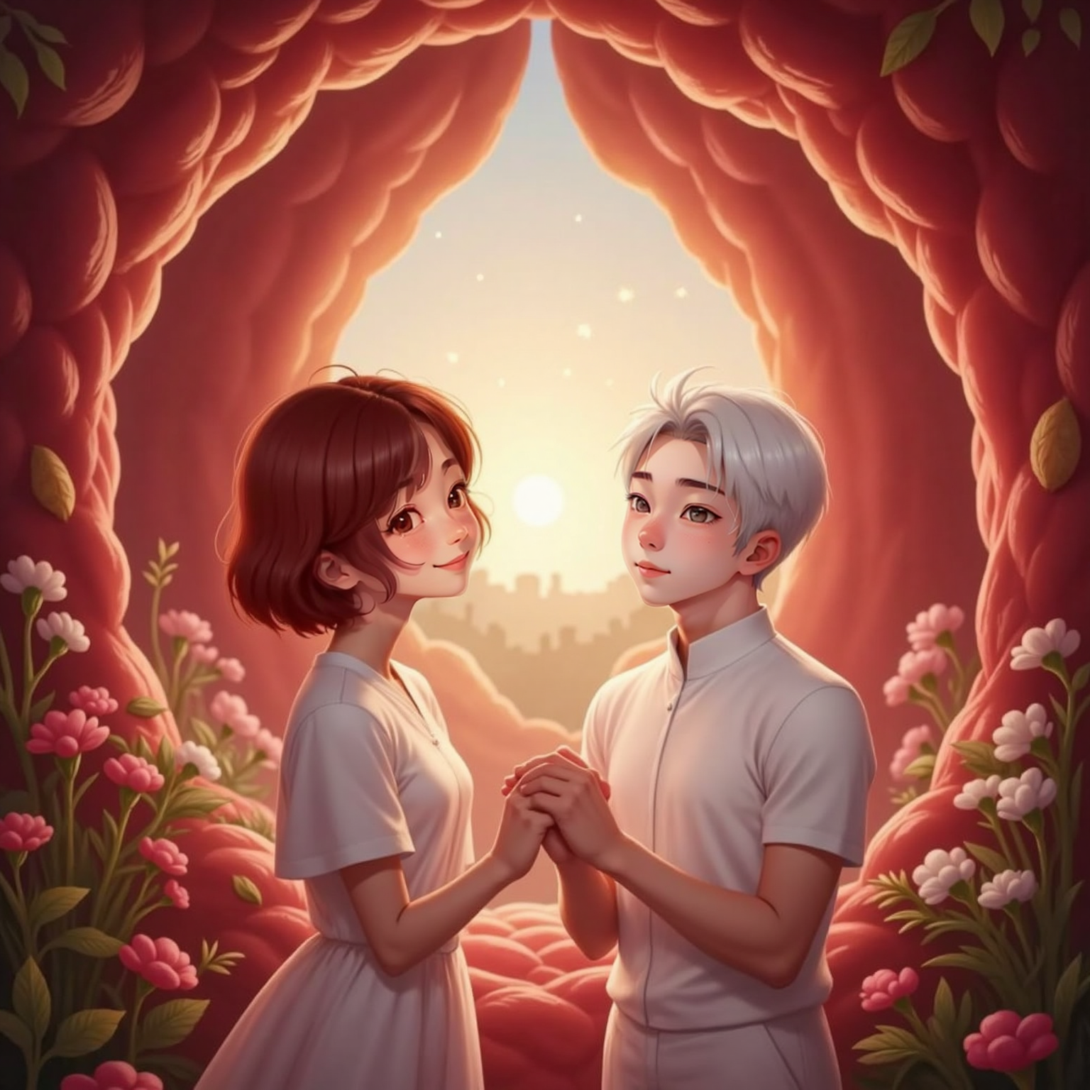 Inside the softly glowing heart atrium at dusk-like twilight, Red blood cell clasps White blood cell's hands, gazing upward as his eyes sparkle. Surrounding cells form a singing circle, their membranes reflecting warm crimson light.