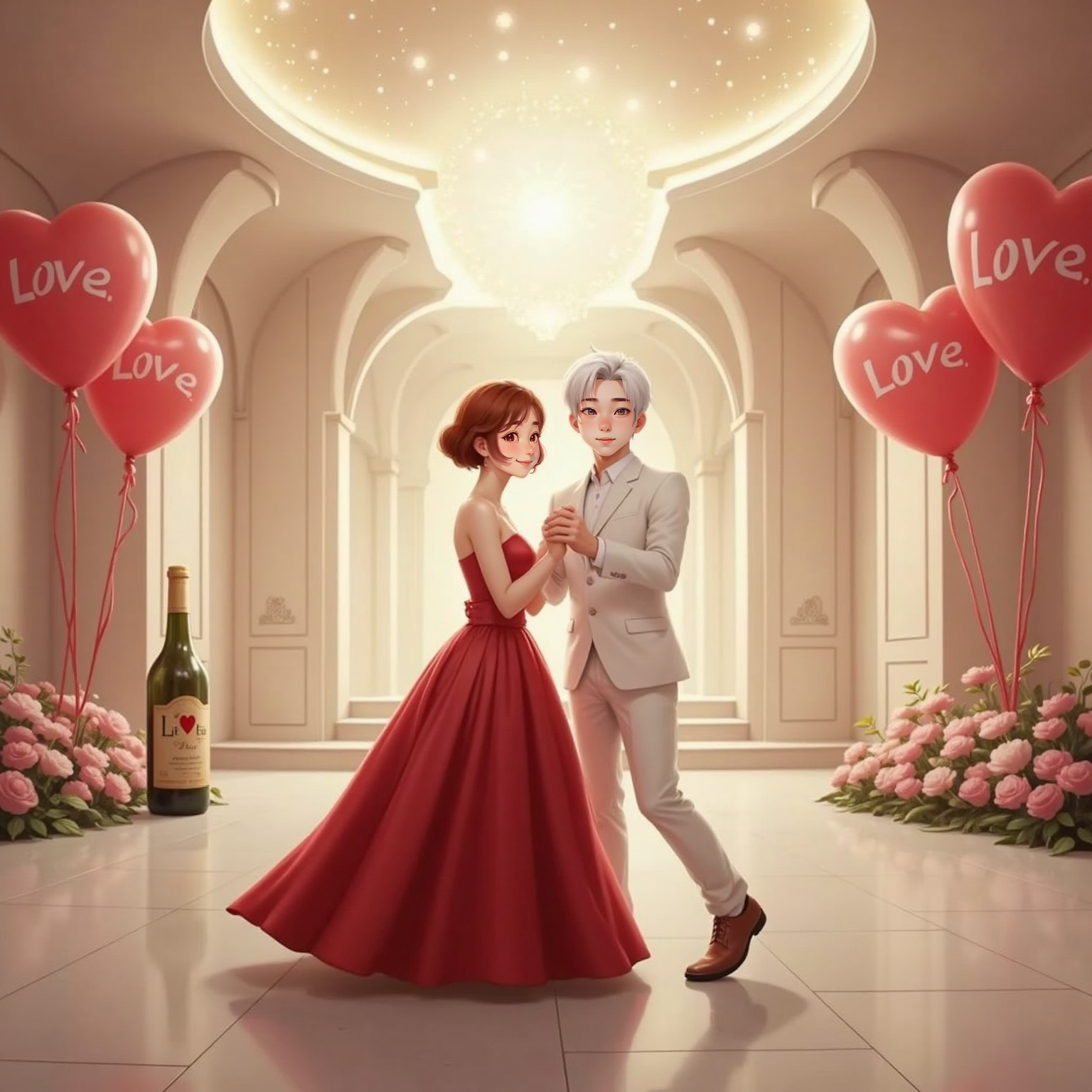 Under the glowing plasma ceiling of a wide vessel ballroom, Red blood cell and White blood cell dance hand-in-hand and kiss. Champagne is popping in the background and there is balloons saying love