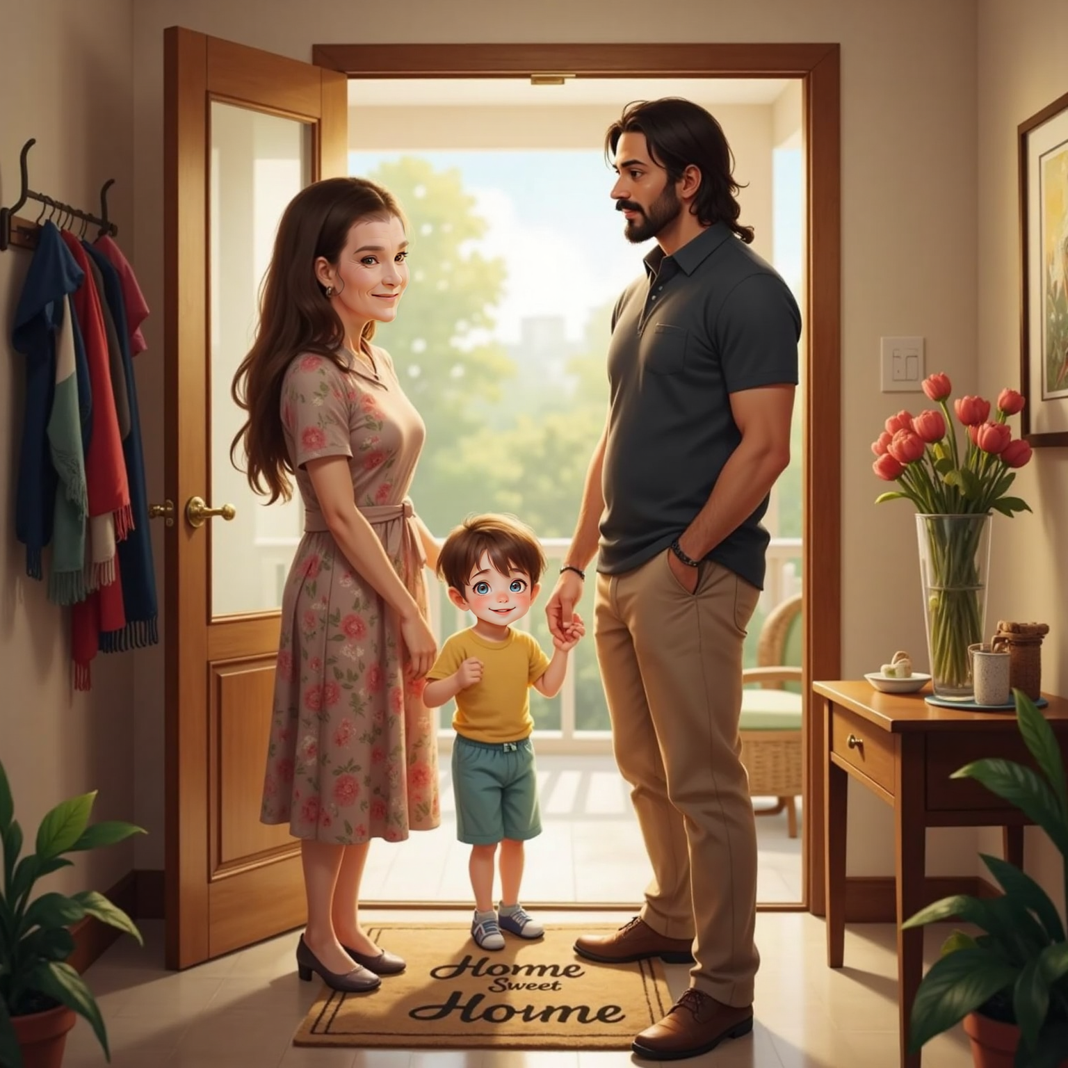 In Granny's house foyer on a sunny morning, Granny opens the door with a warm smile while Muhammad steps inside. John Jr stands beside her, clapping excitedly.