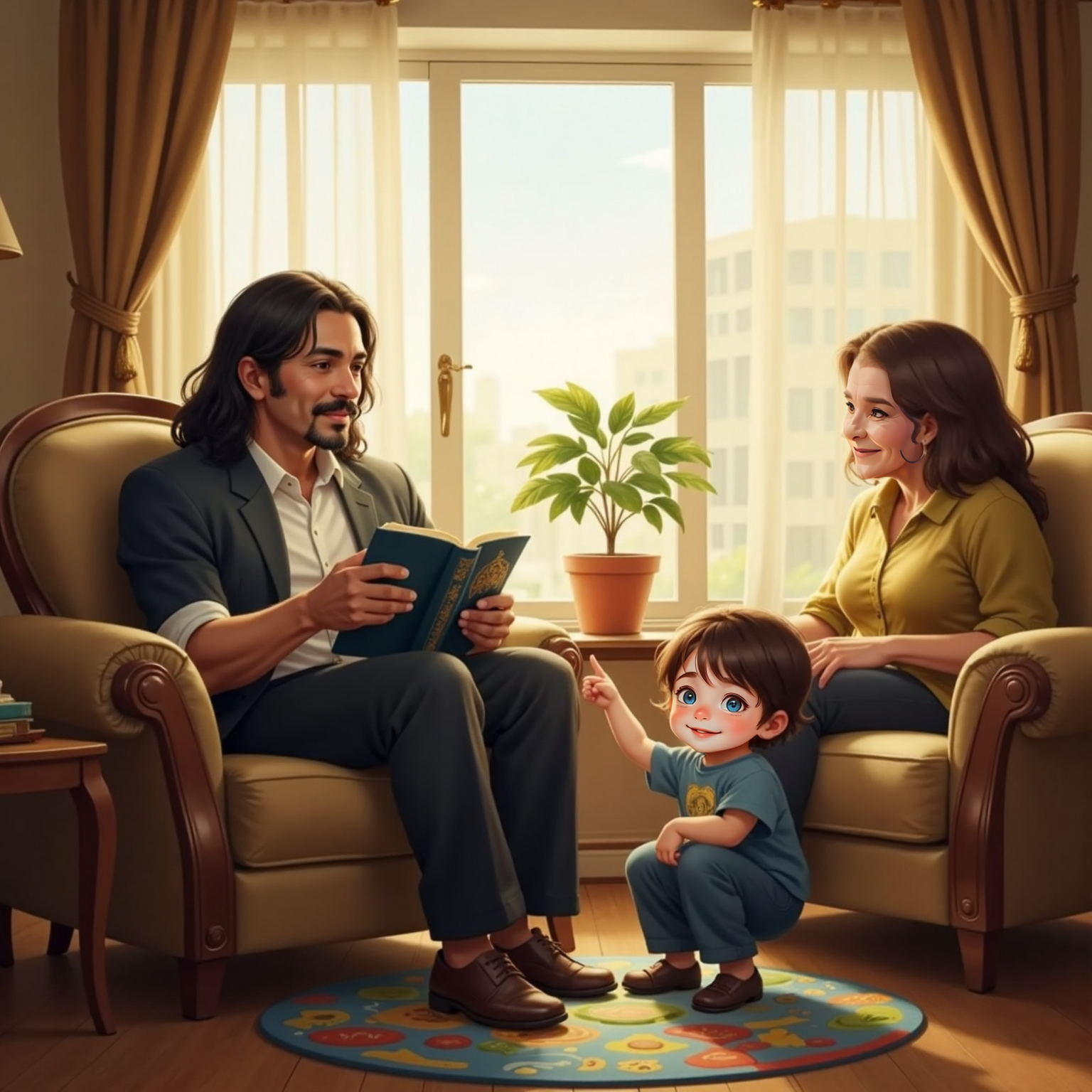 In the bright room, Muhammad holds an ornate Quran open on his lap while seated. John Jr points at the book and Granny watches nearby as afternoon light spills through the window.