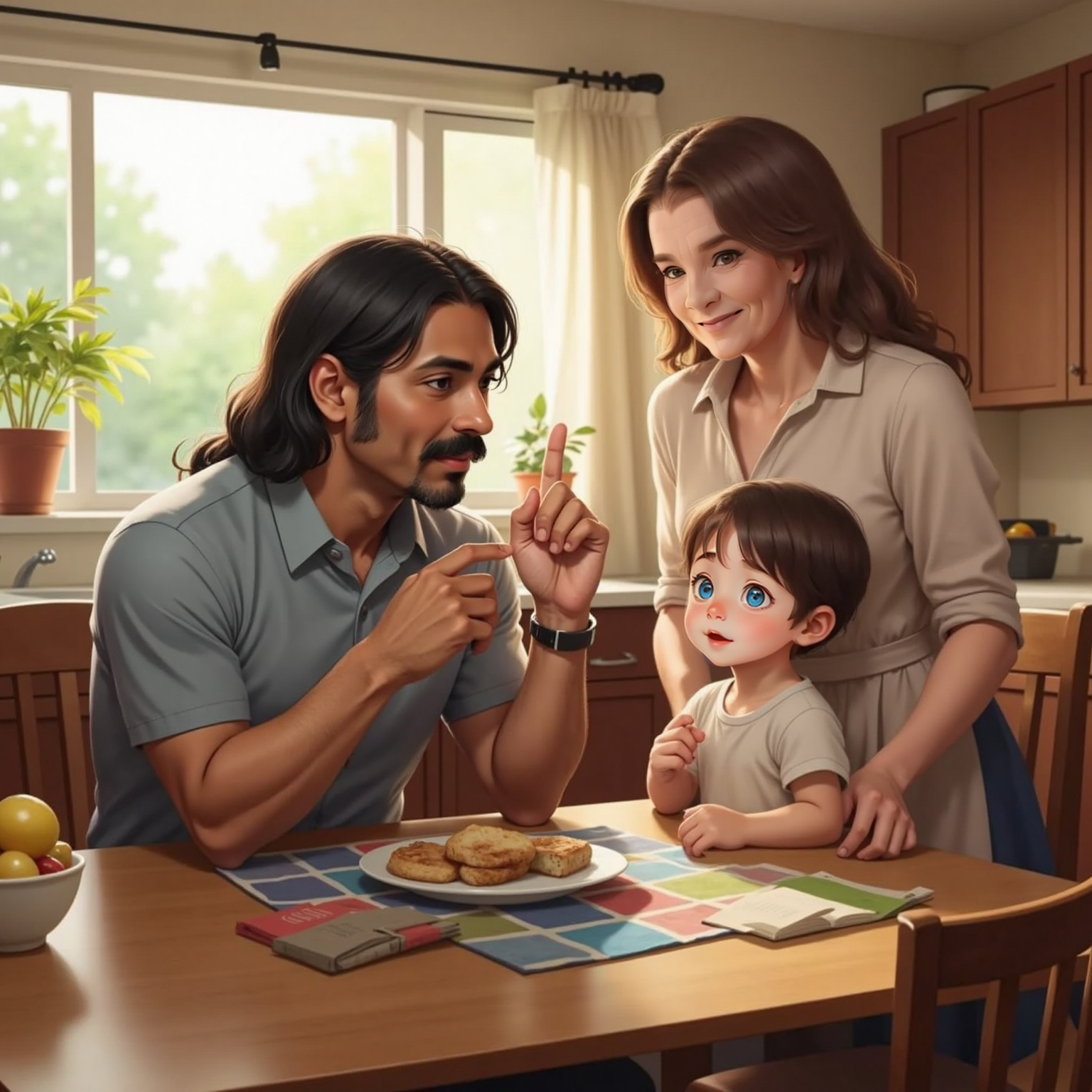 At Granny's kitchen table in the sunny afternoon, Muhammad raises one finger while explaining. John Jr leans forward repeating 'Allah!' with wide eyes as Granny stands beside them nodding approvingly.