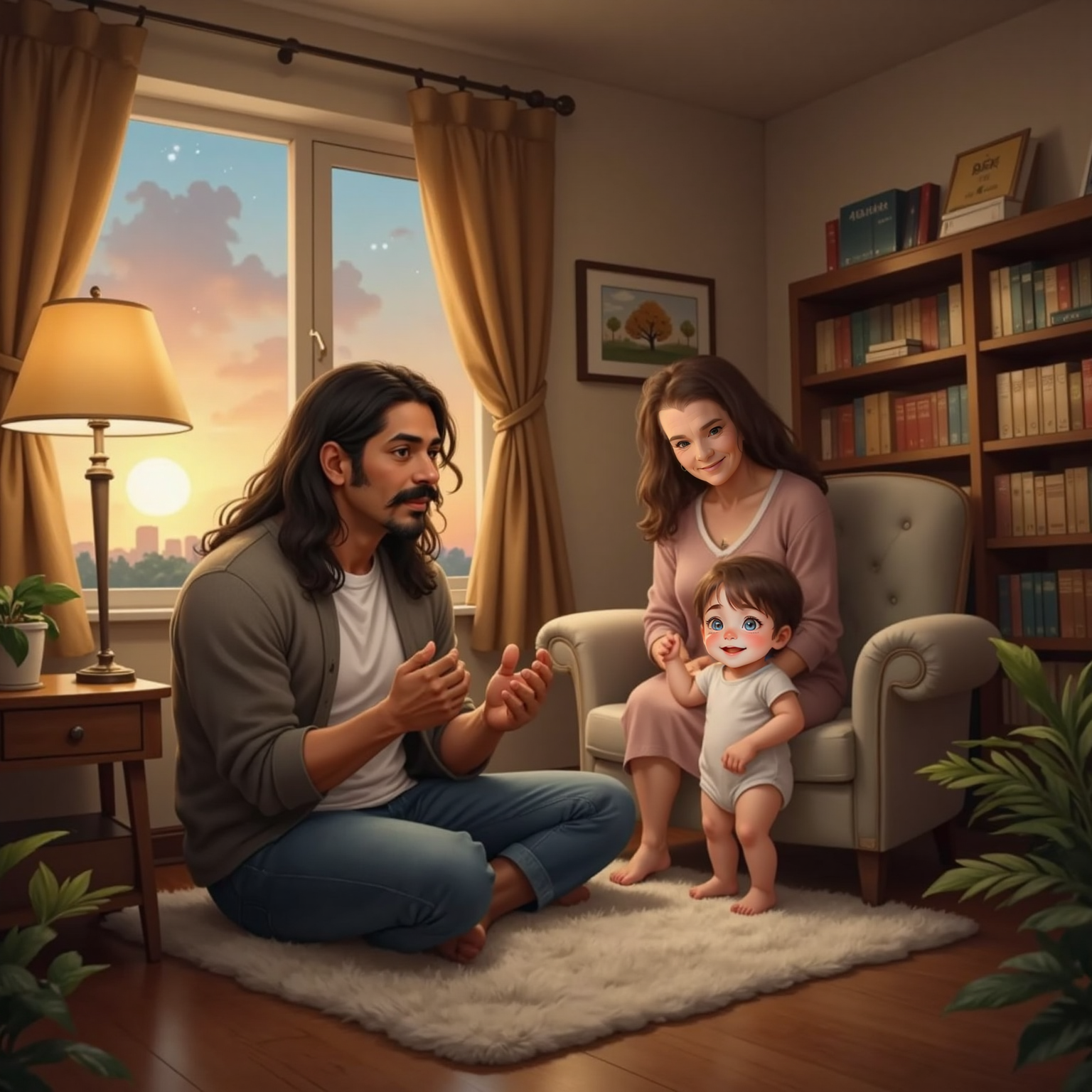 In Granny's softly lit room at dusk, Muhammad counts on his fingers while reciting the prophets' names. John Jr giggles holding up both hands, and Granny sits nearby smiling warmly.