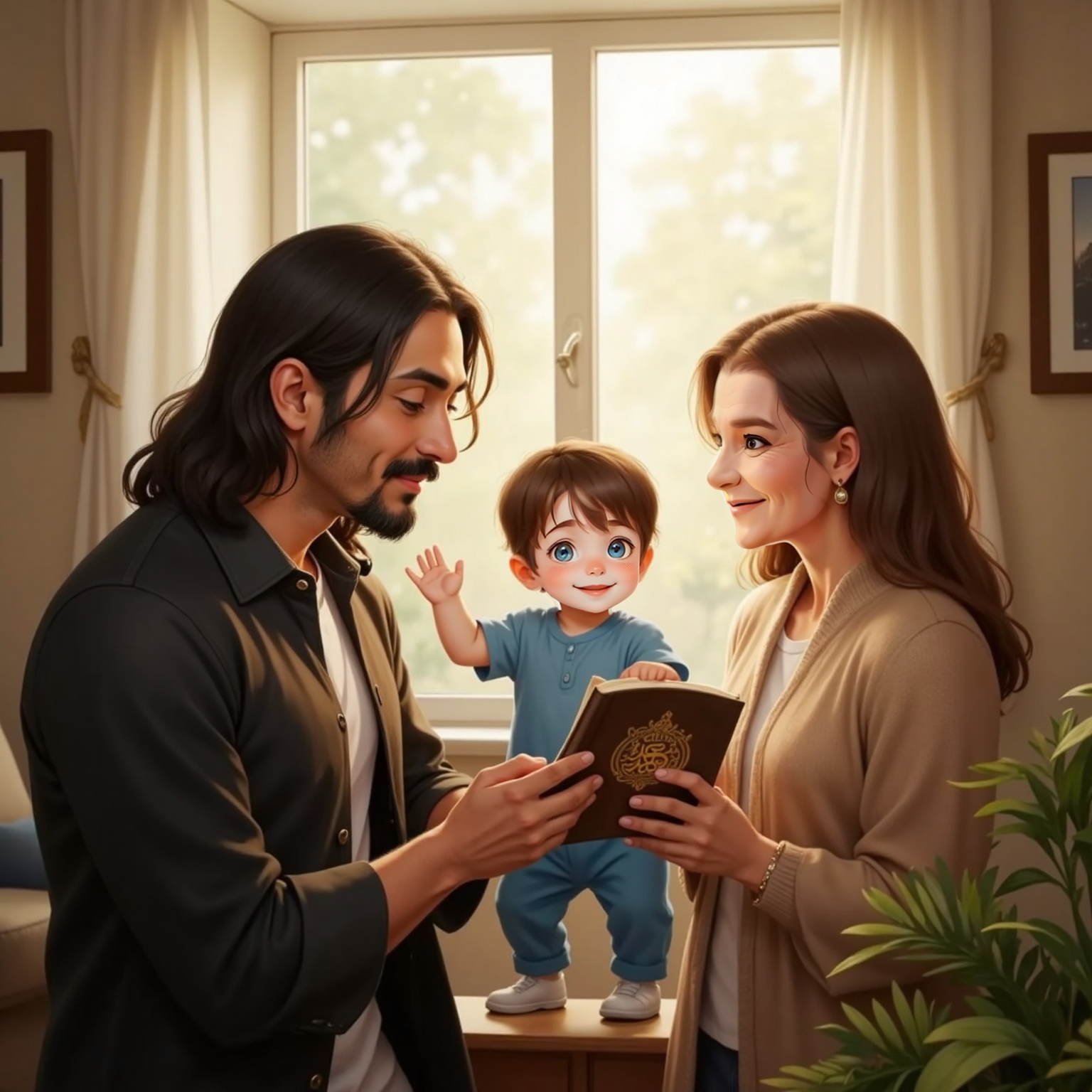 Near the sunlit window, Muhammad holds up a Quran with a shimmering golden cover. John Jr reaches out to touch it gently while Granny stands beside them smiling.