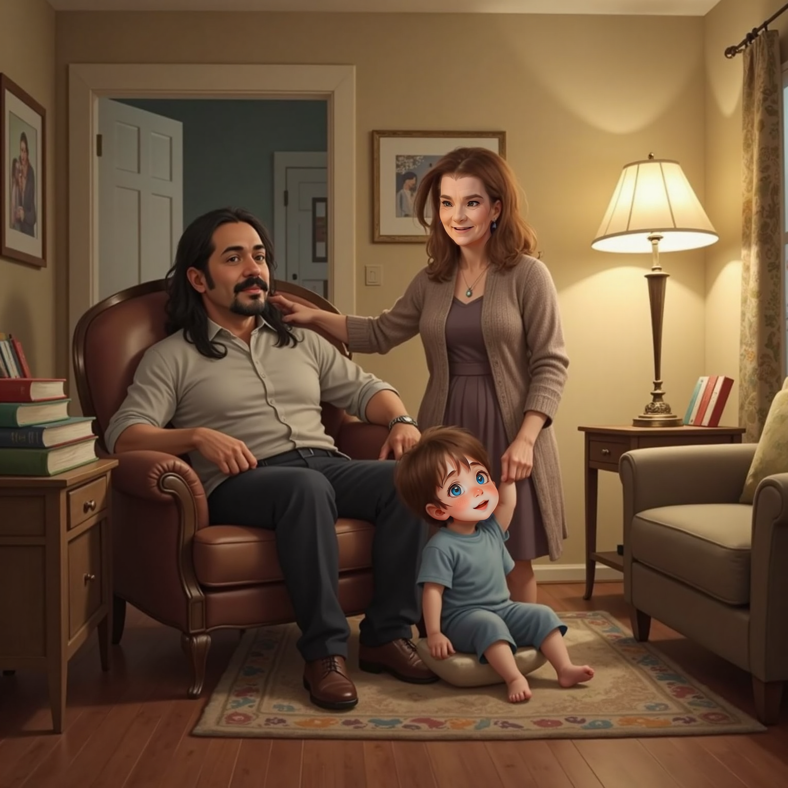 Inside the softly lit room at evening, Muhammad speaks calmly about angels. John Jr tilts his head back scanning the ceiling while Granny stands behind him chuckling.
