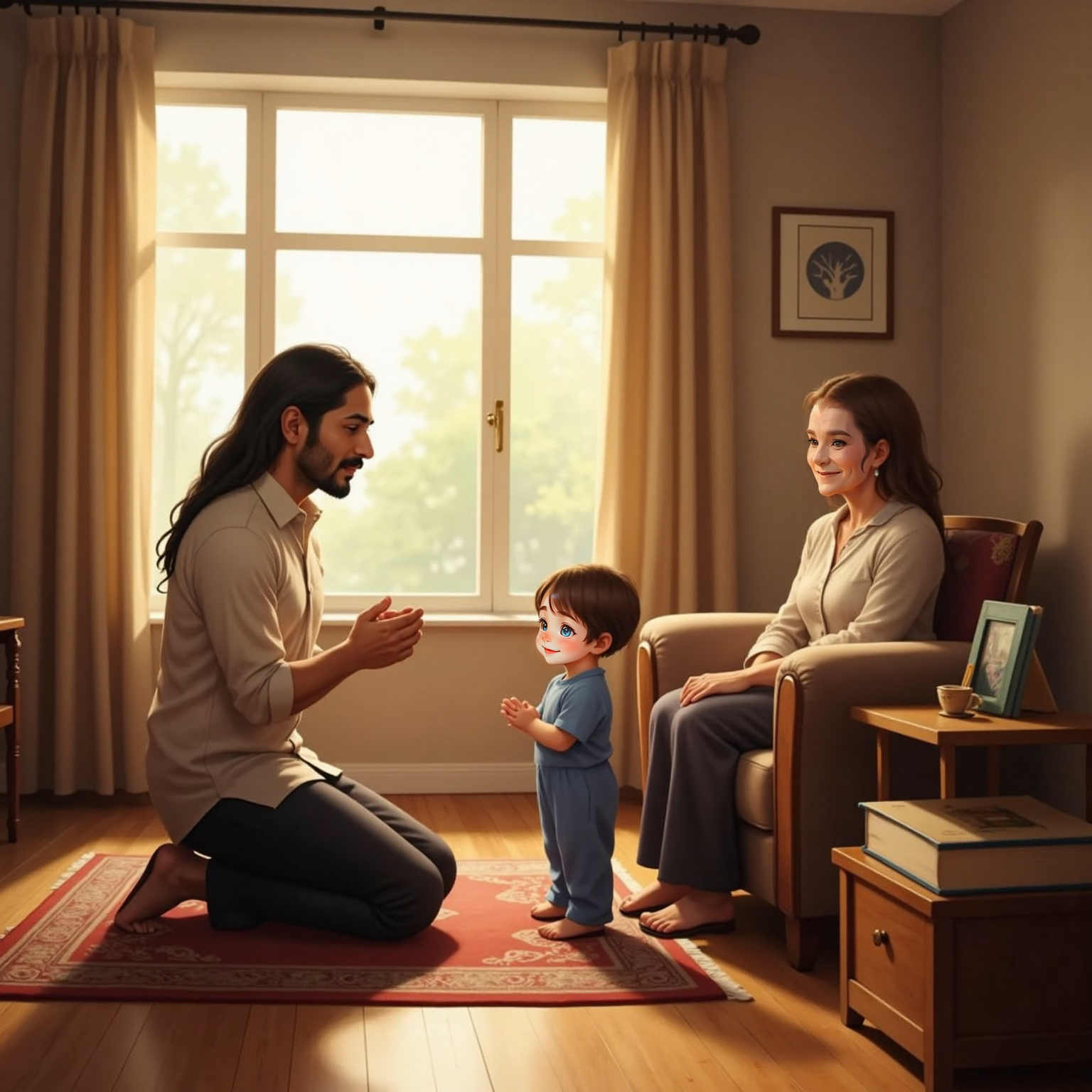 In the quiet room lit by late afternoon sun, Muhammad kneels on a small prayer mat with hands folded. John Jr imitates the posture beside him while Granny watches from a chair speaking softly.