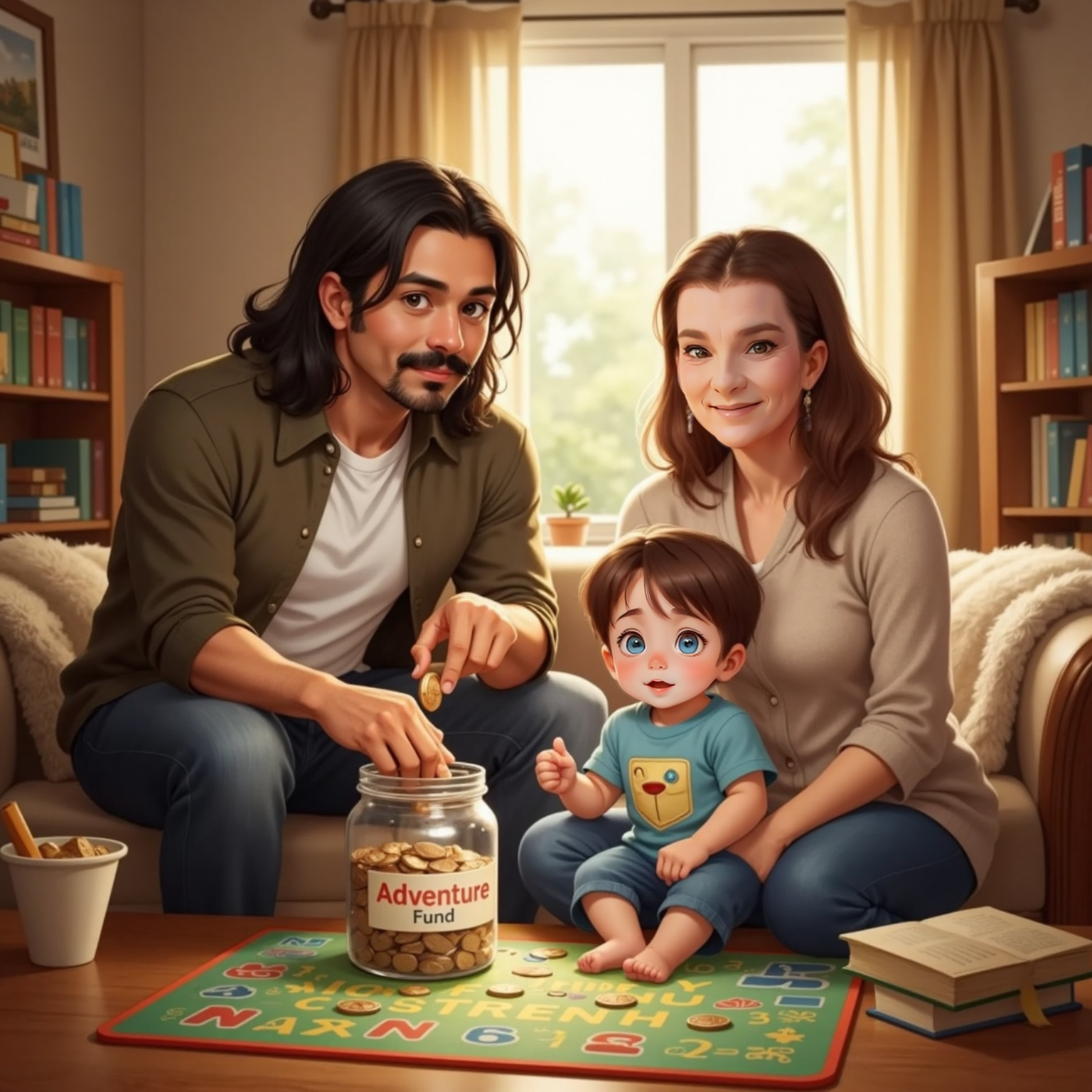 In the warmly lit room, Muhammad drops a few coins into a small glass jar. John Jr watches intently nearby as Granny stands smiling approvingly.