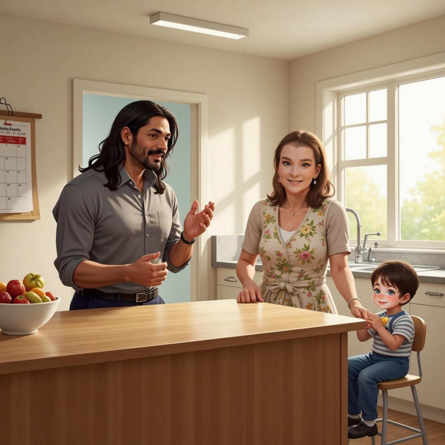 In the bright kitchen around midday, Muhammad explains fasting while gesturing with open hands. John Jr mischievously hides a snack behind his back, and Granny leans on the counter smiling.