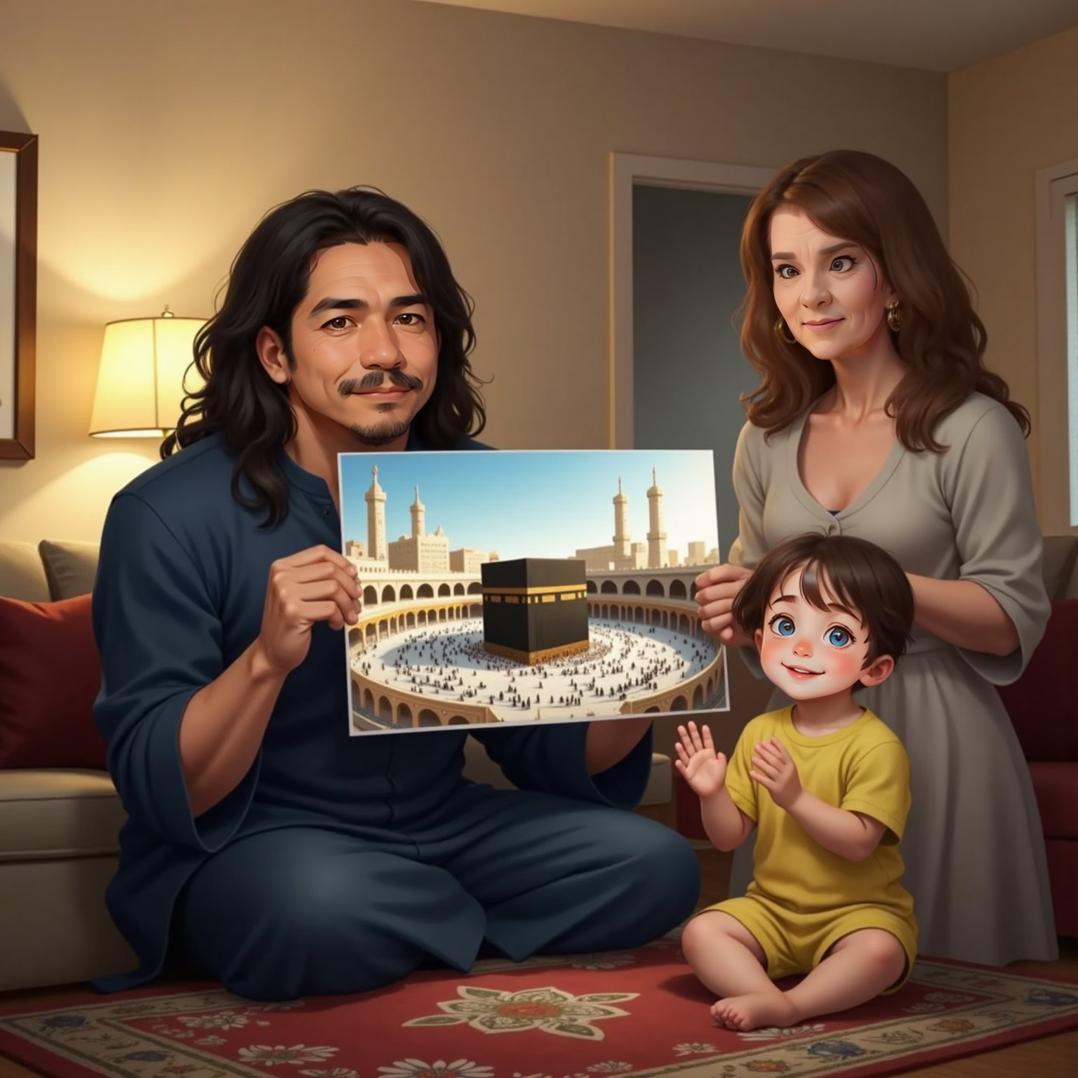In the softly lit room, Muhammad holds up a large photograph of Mecca's Grand Mosque. John Jr claps enthusiastically beside him while Granny stands behind them, eyes wide with amazement.