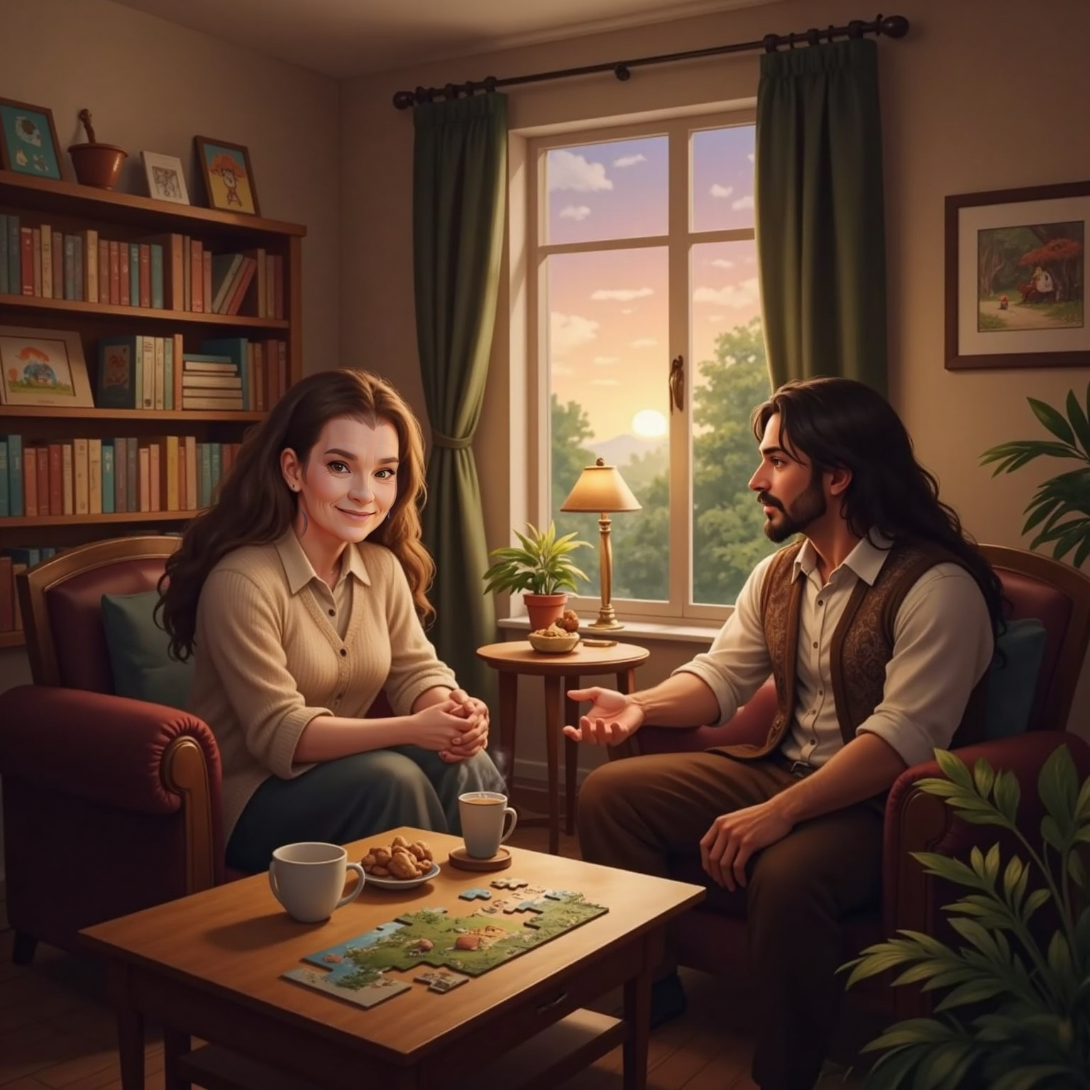 At dusk in the quiet room, Granny leans forward with a gentle smile as she asks her question. Muhammad responds serenely, palms open, the soft light of evening illuminating them.