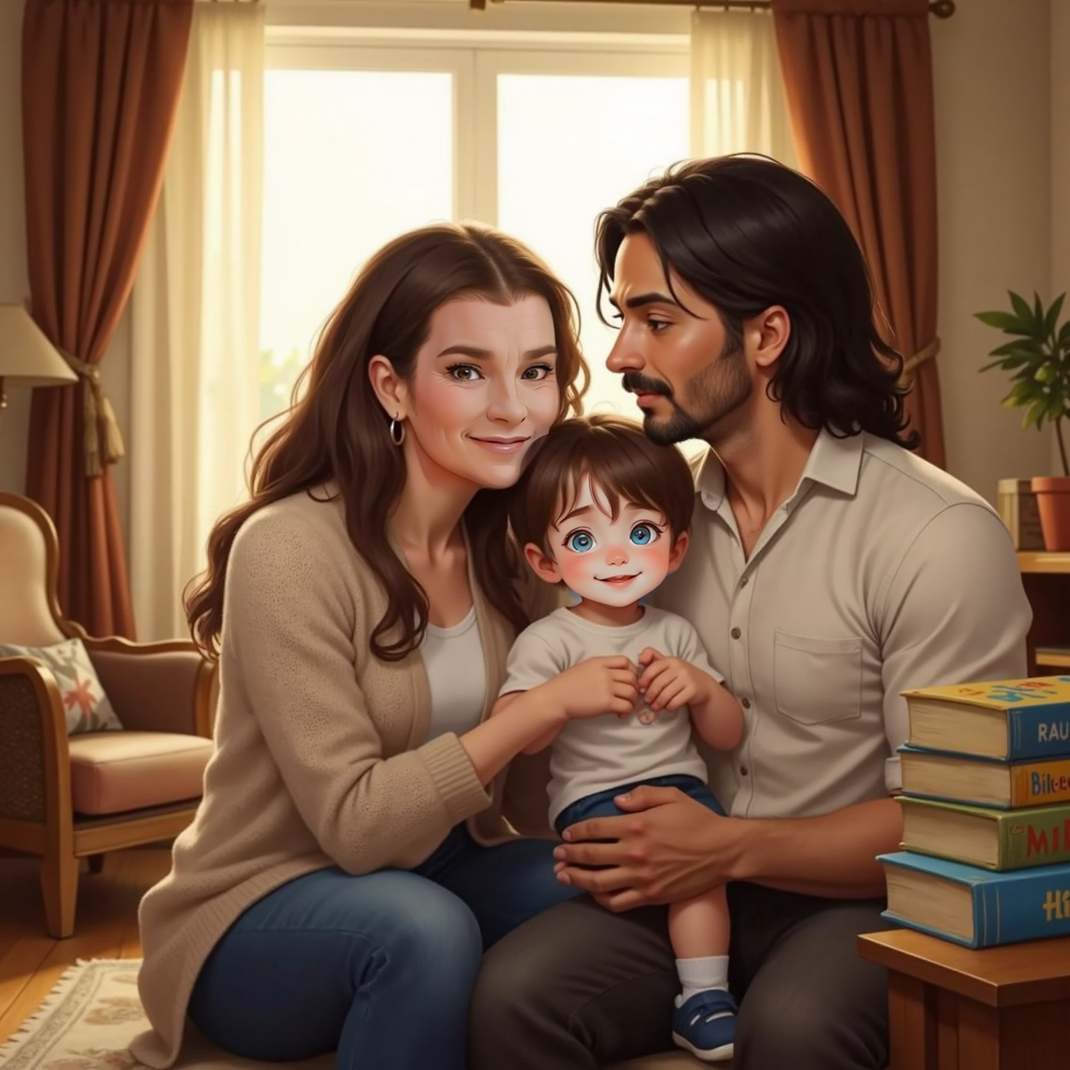 In the warmly lit room, John Jr wraps his small arms around Granny and Muhammad. The adults exchange soft smiles as evening light from the window paints a peaceful glow.