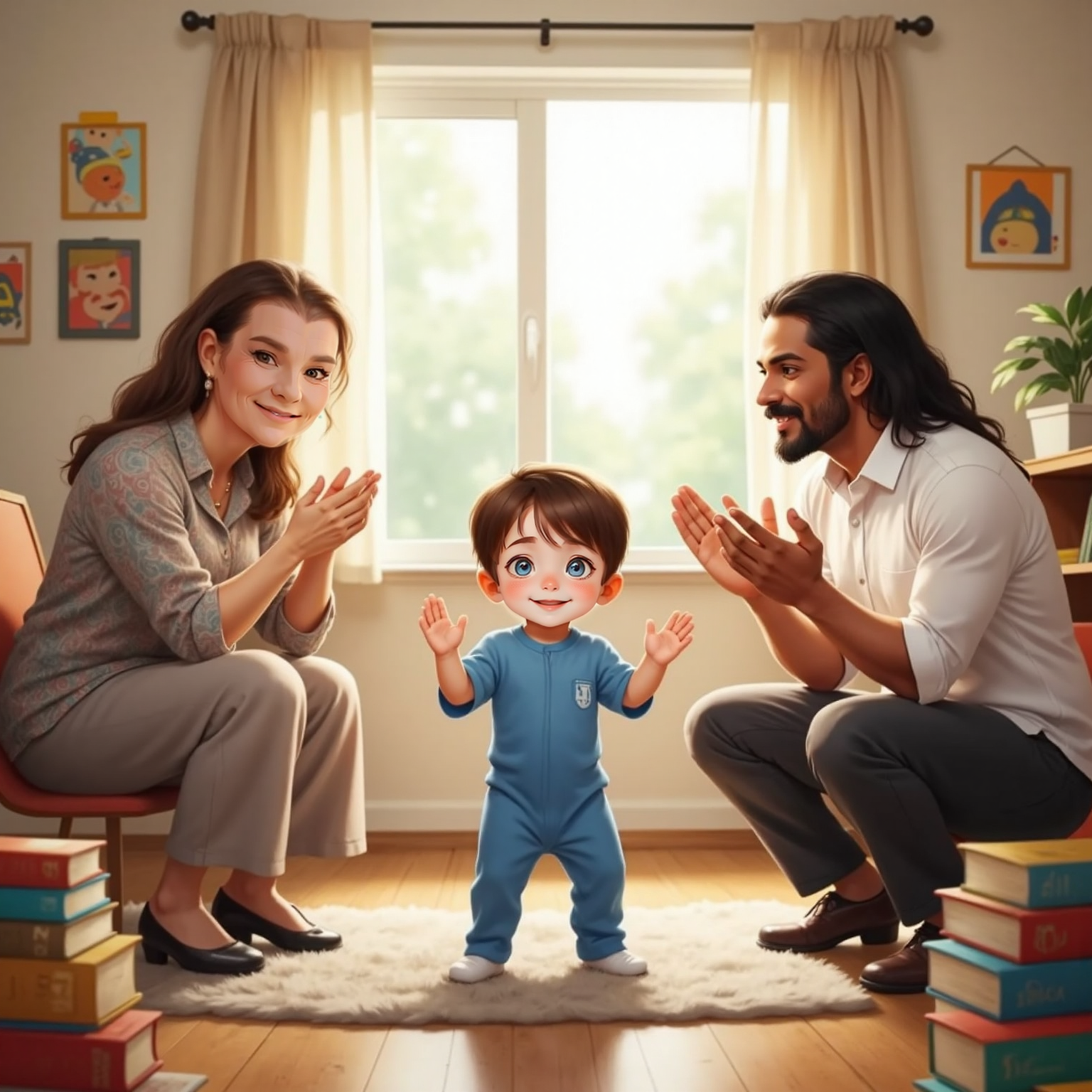 In the bright room, John Jr raises his chin and calls out 'Islam! Allah!' with a proud grin. Granny and Muhammad clap their hands and beam encouragingly.