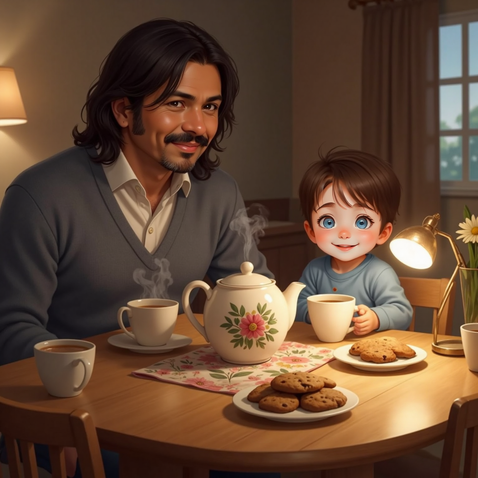 At Granny's table, a teapot and plate of cookies sit between Muhammad and John Jr They share gentle smiles as warm lamplight reflects off the steaming cups.