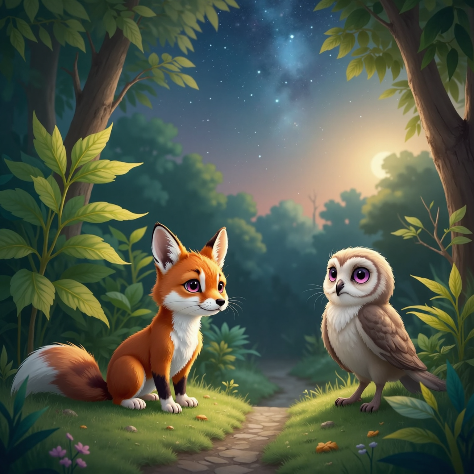 At dawn on a leafy forest path, Felix peeks from behind a dew-covered fern, orange fur glowing in soft starlight. Luma stands beside him, hopeful eyes lifted toward the fading night sky.